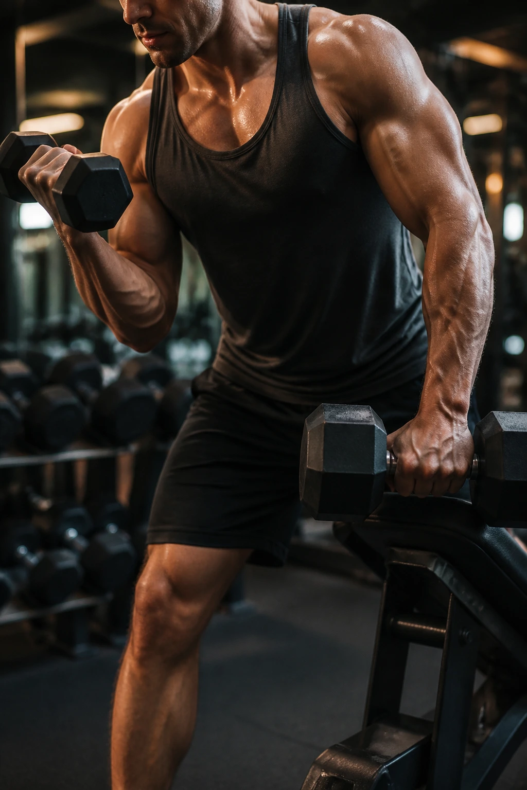 Lifter performing a superset in gym with two exercises in one frame