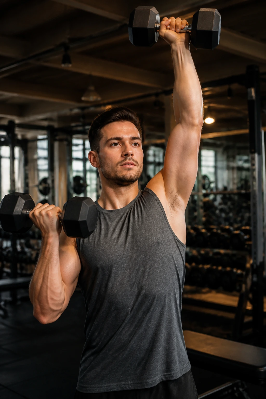 Person performing a curl-to-press sequence as a superset in gym