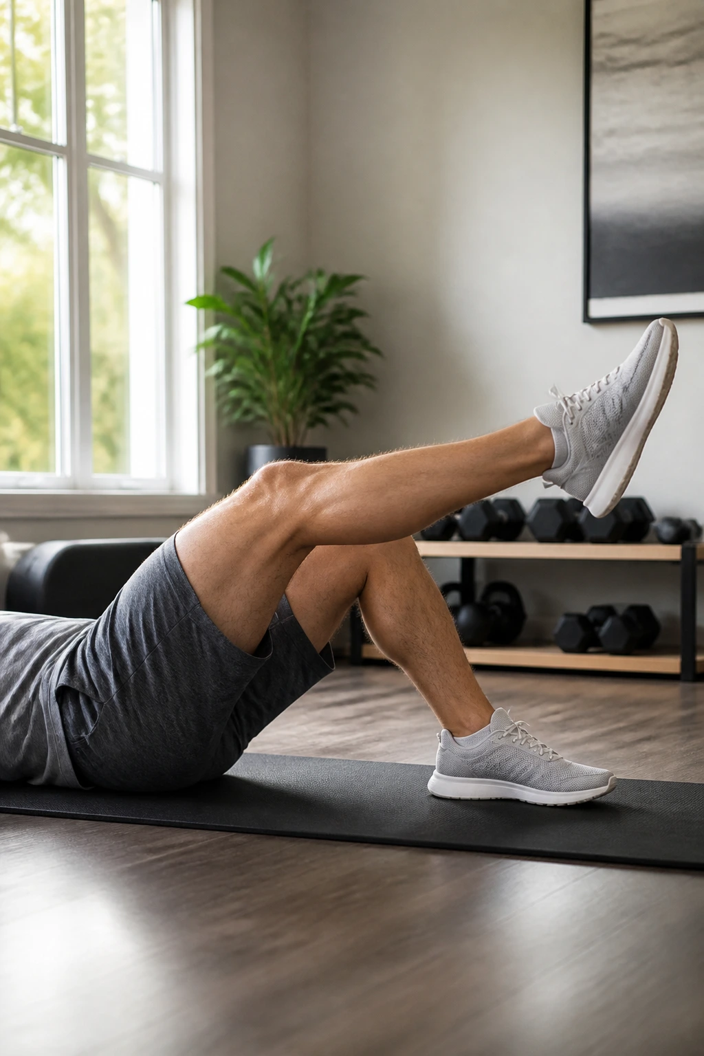 Close-up of a person performing supine leg lifts on a mat to strengthen the quads.