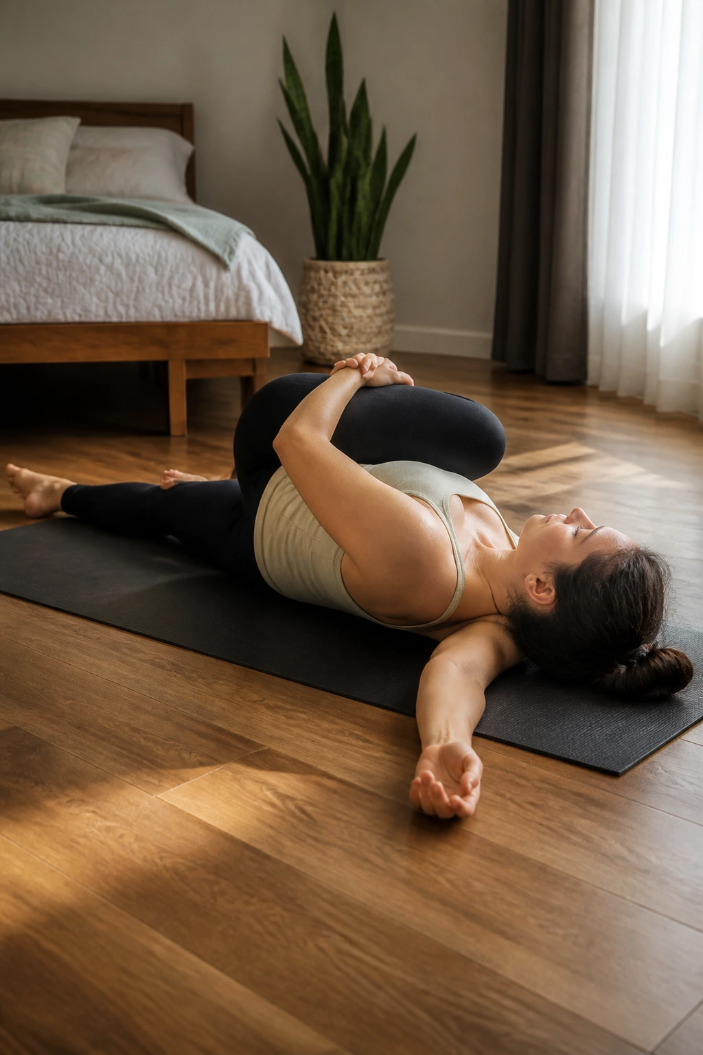 Person in supine spinal twist on a mat