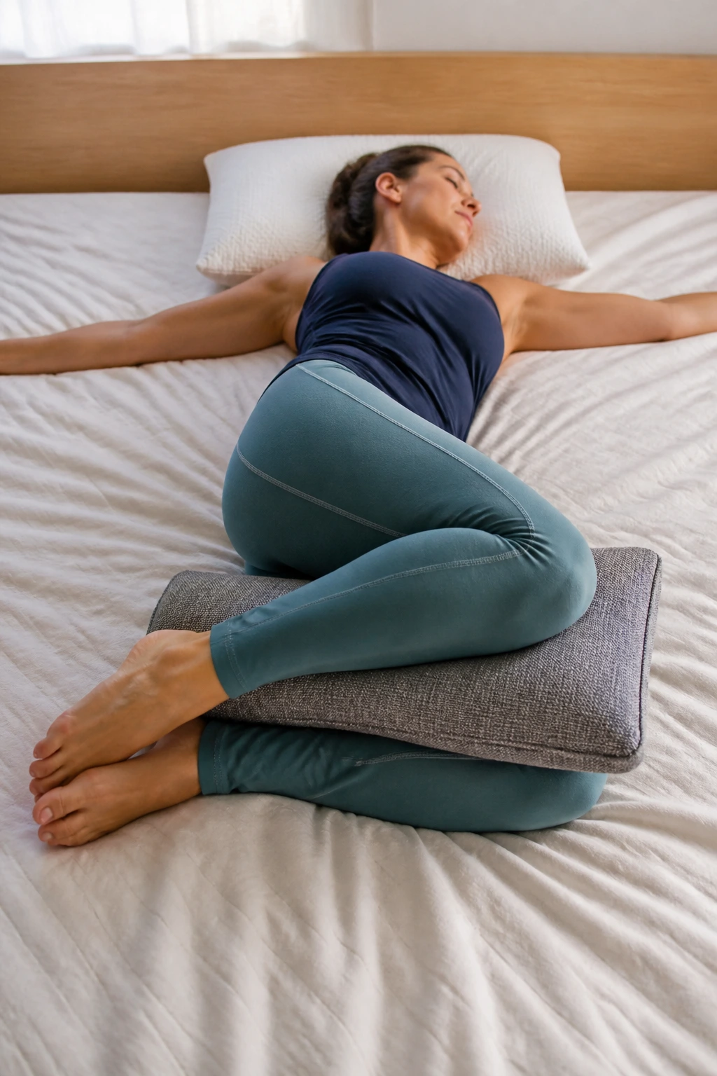 Supine twist with pillow support on bed