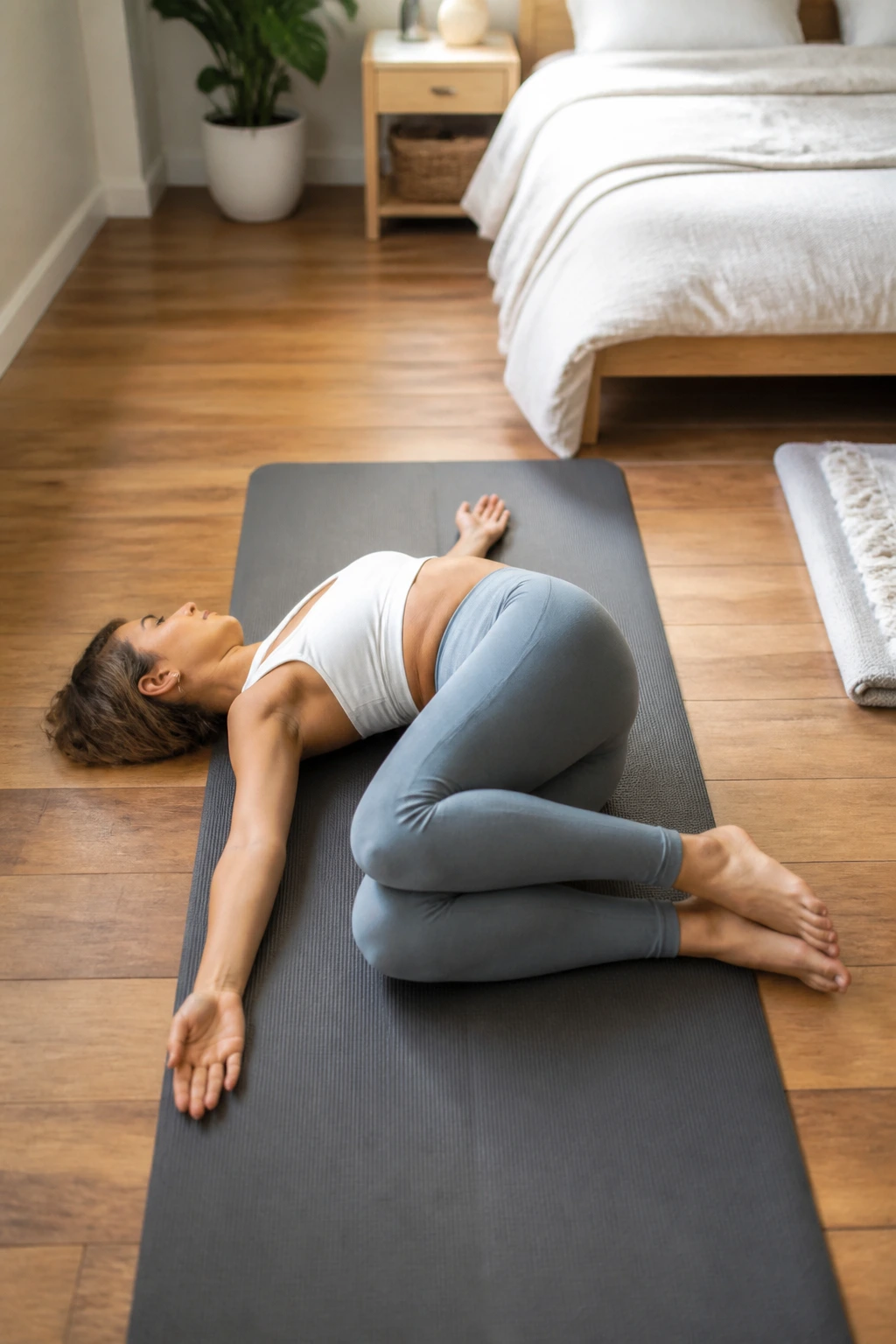 Person performing supine twist with knees to the right
