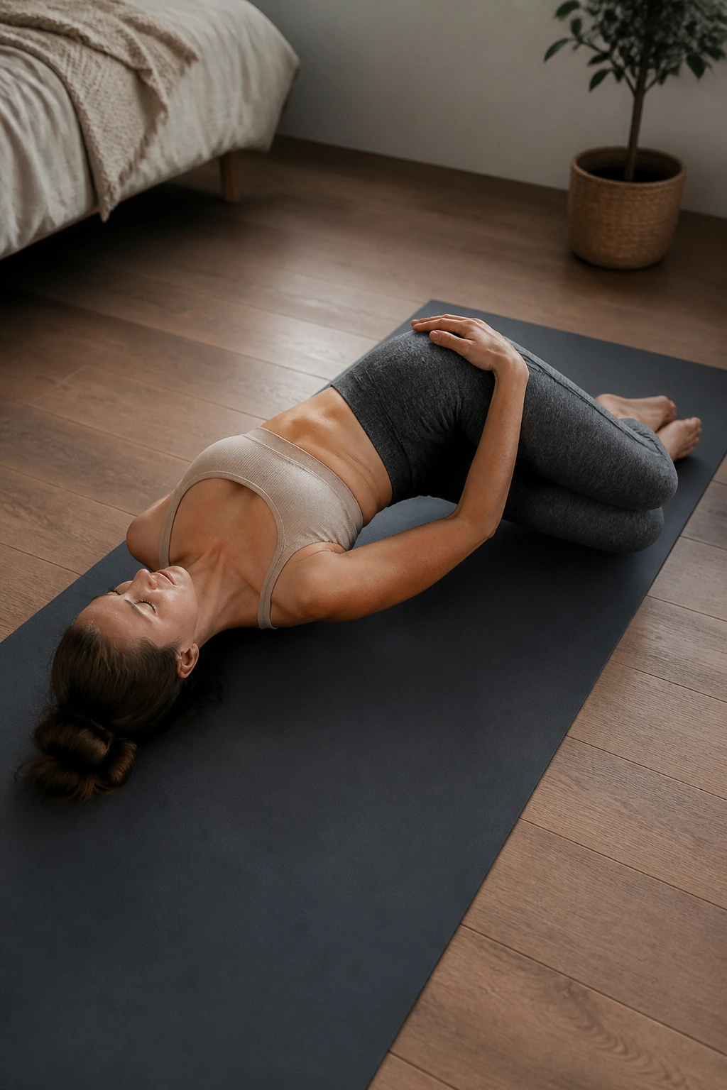 Person performing Supine Twist on back with knees to the right