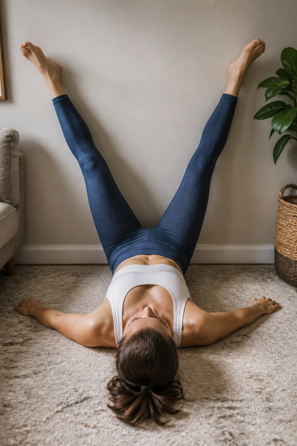 Supine Wall Stretch: person lying on back with legs up against wall in a wide V