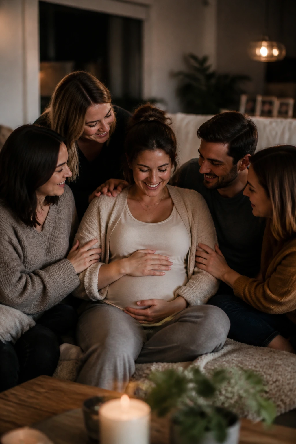 Pregnant woman with support circle around in a cozy living room