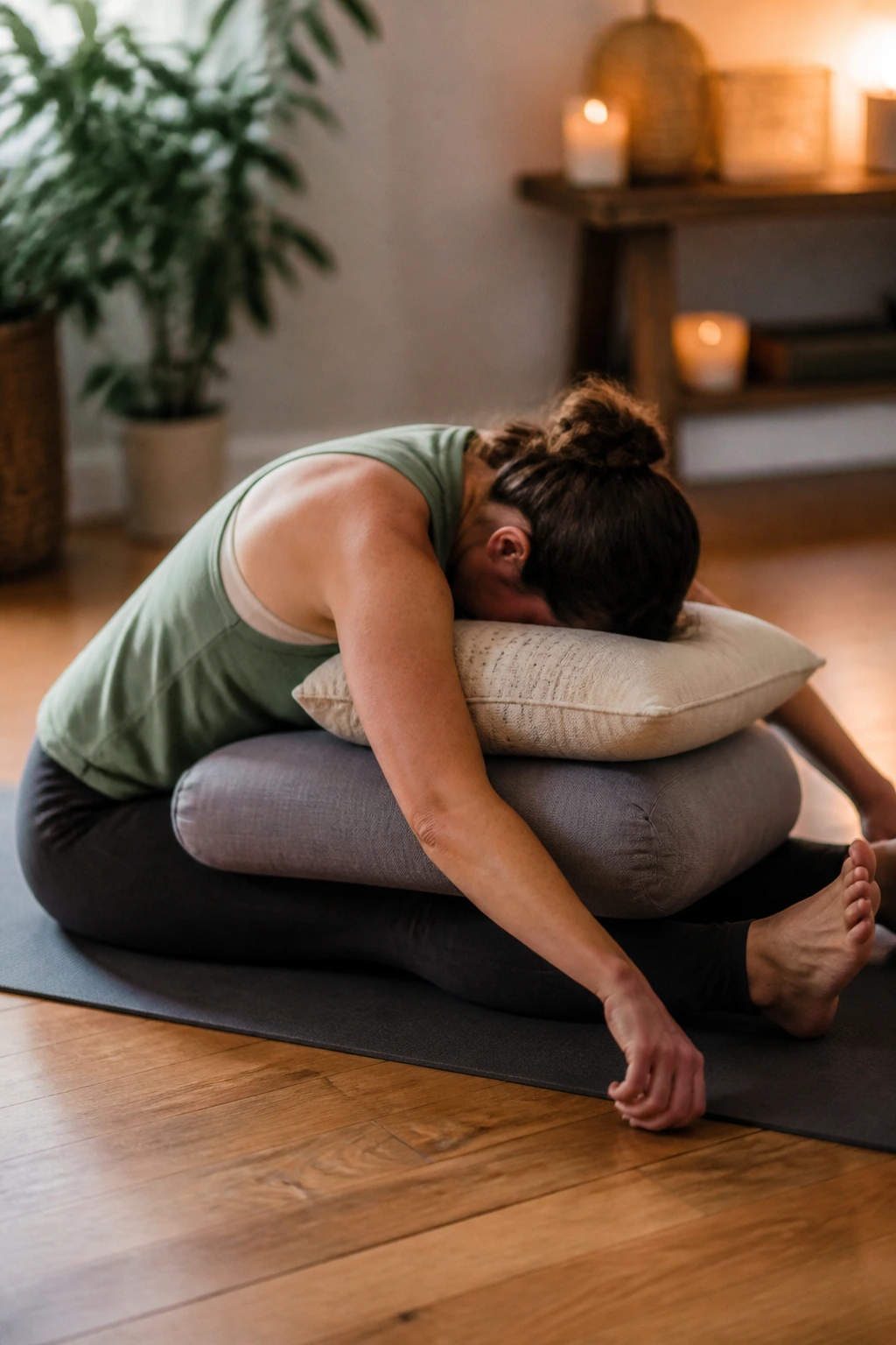 Person seated forward fold with bolster under thighs in a cozy home space