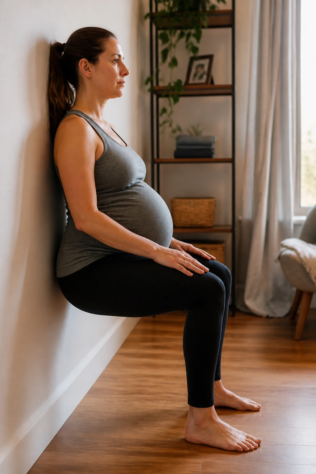 Pregnant woman in a wall-supported squat