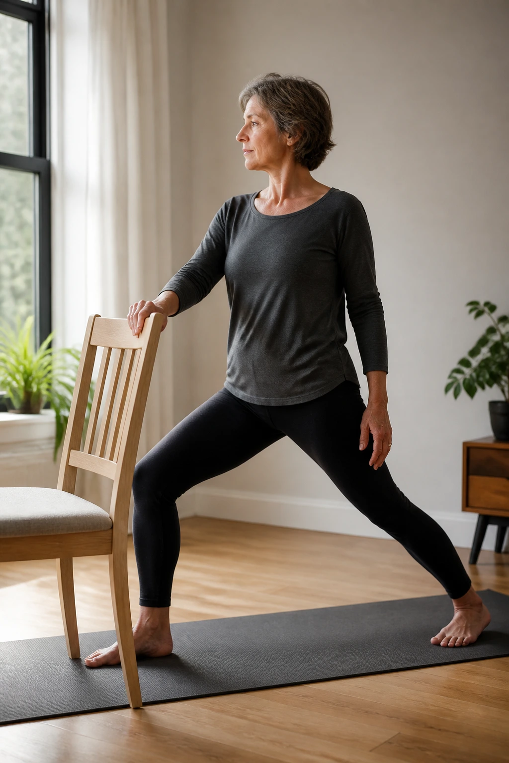 Person in Supported Warrior beside a chair performing a standing Warrior pose