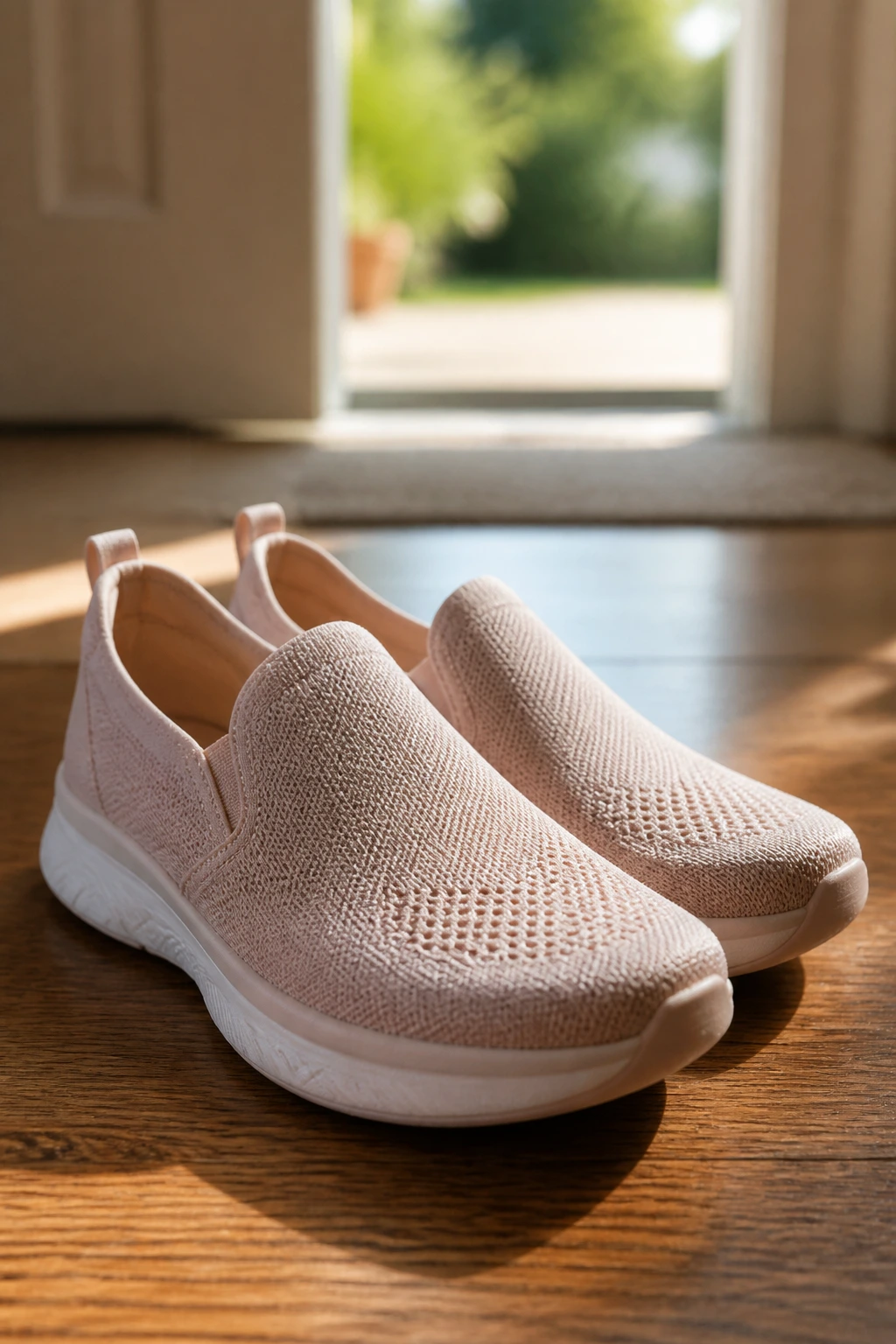 Close-up of supportive sneakers on a wooden floor near an entry doorway