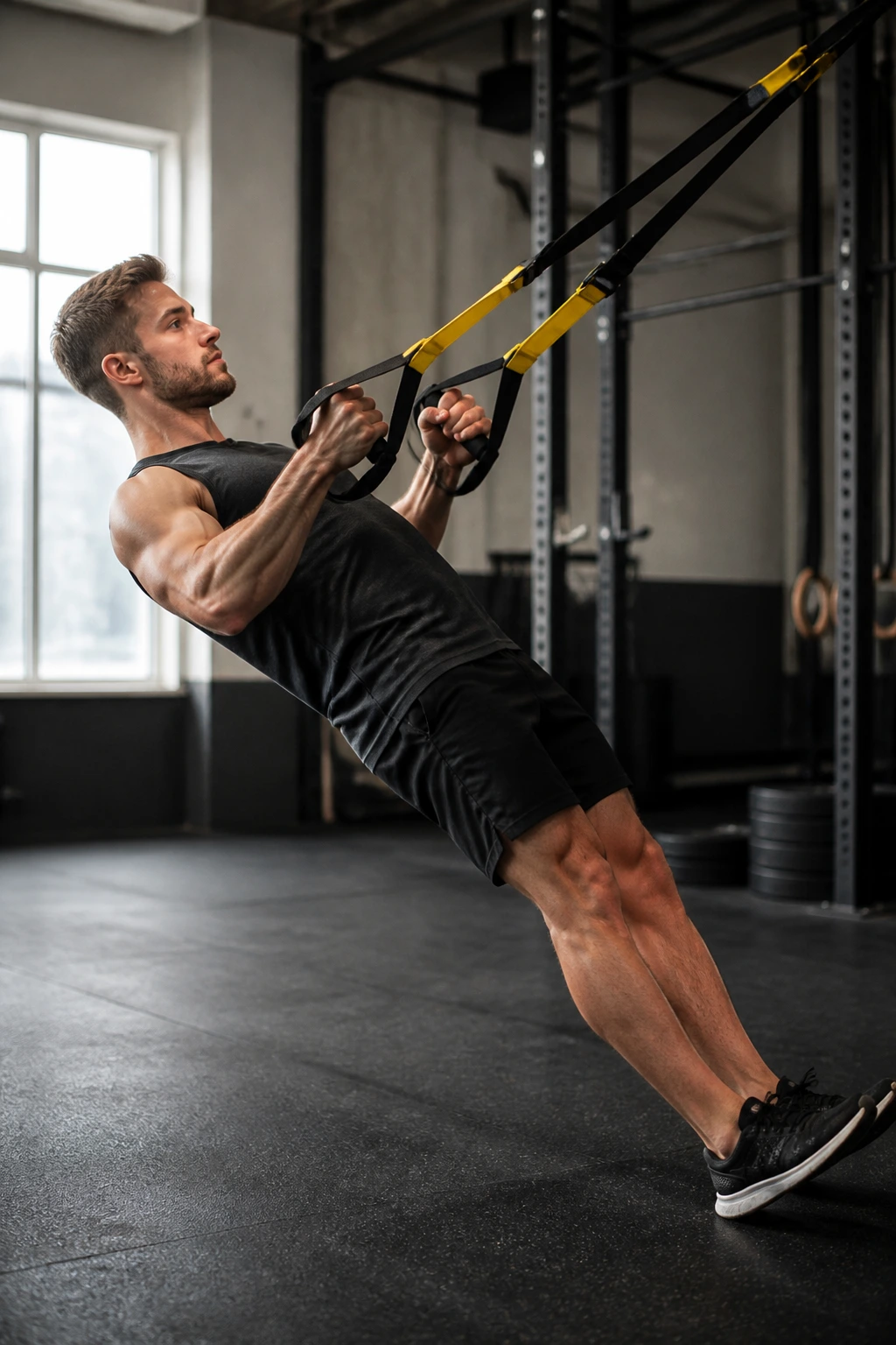 Athlete using suspension trainer for push and pull moves.