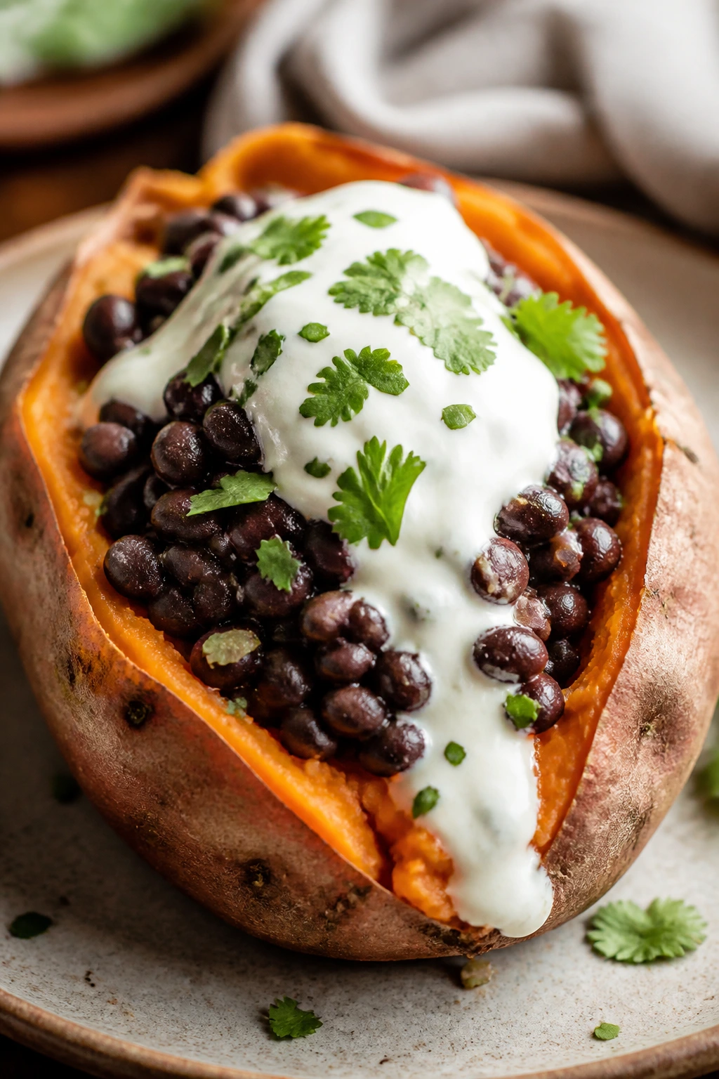 Halved stuffed sweet potato with black beans and yogurt filling on a kitchen counter