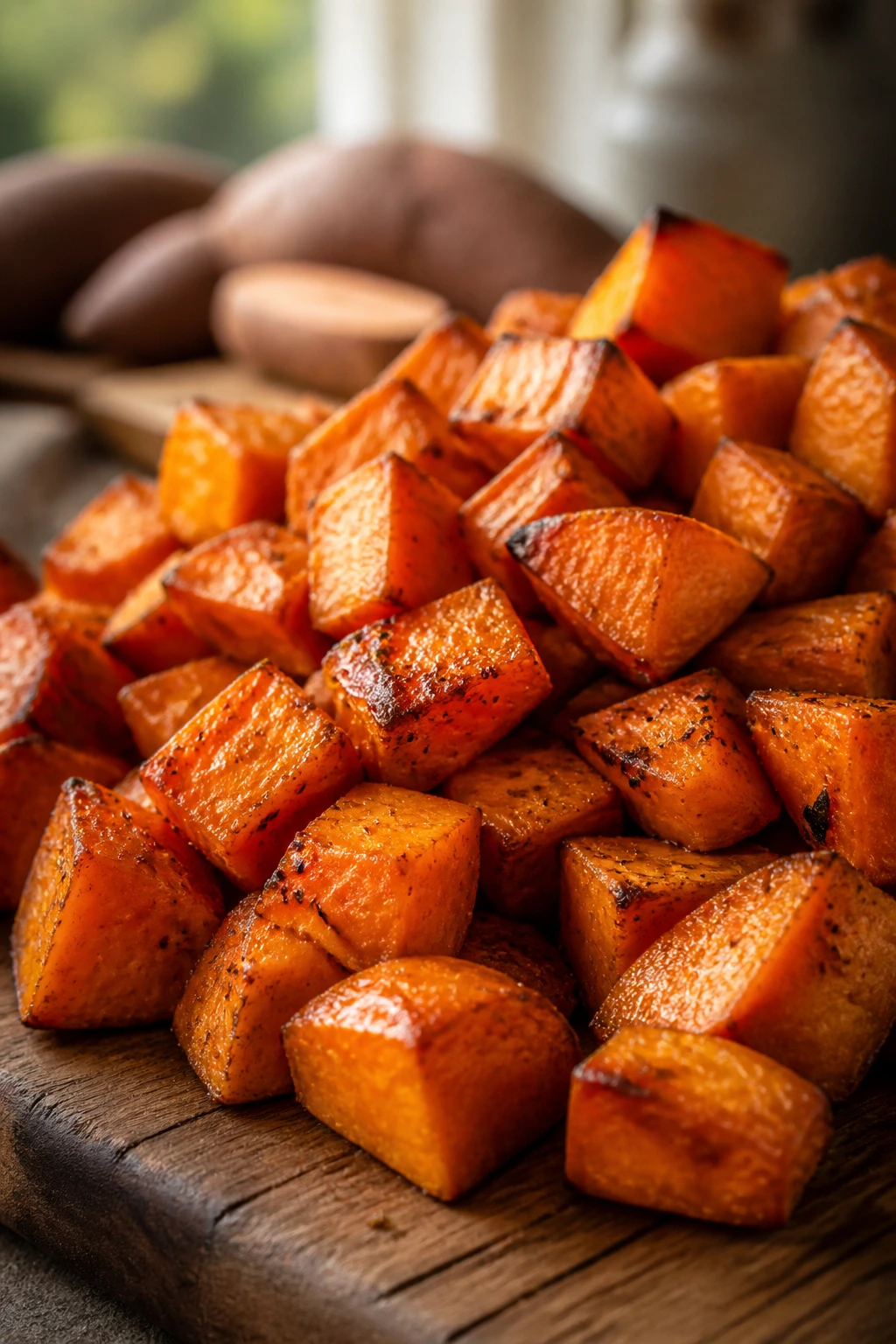 Close-up of roasted sweet potato cubes on a wooden board in a warm kitchen