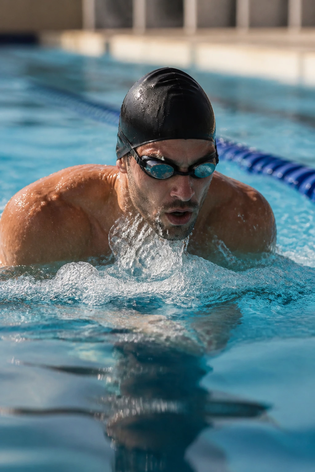 Swimmer in pool performing a lap with lane lines visible