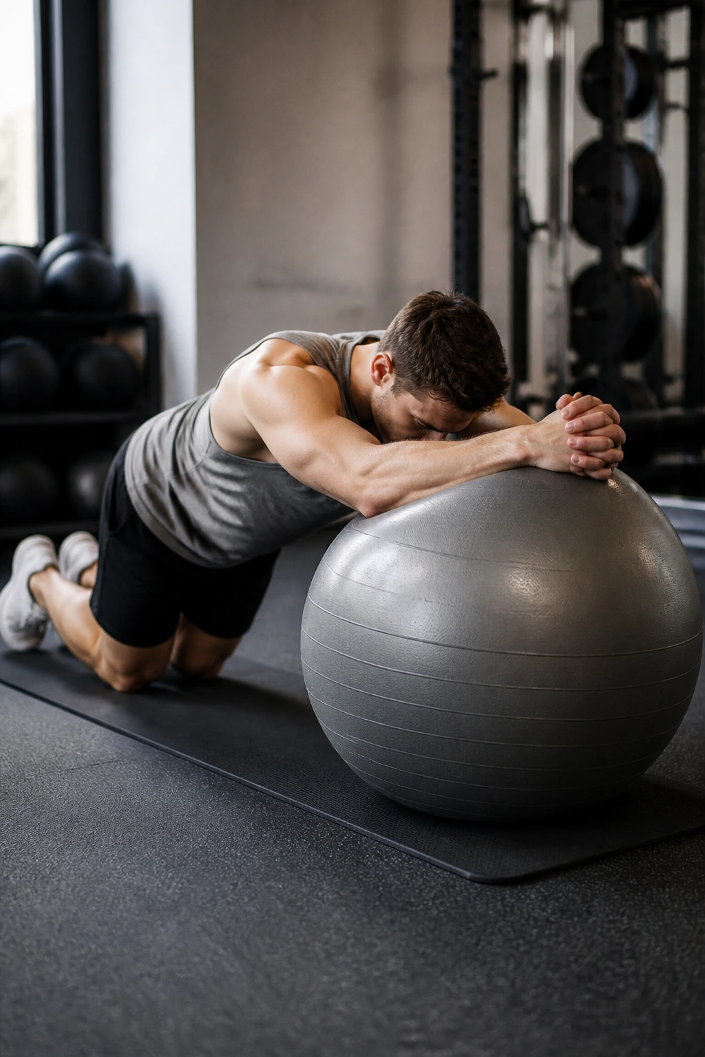 Medium-close shot of a person performing Swiss Ball Rollout on a gym mat