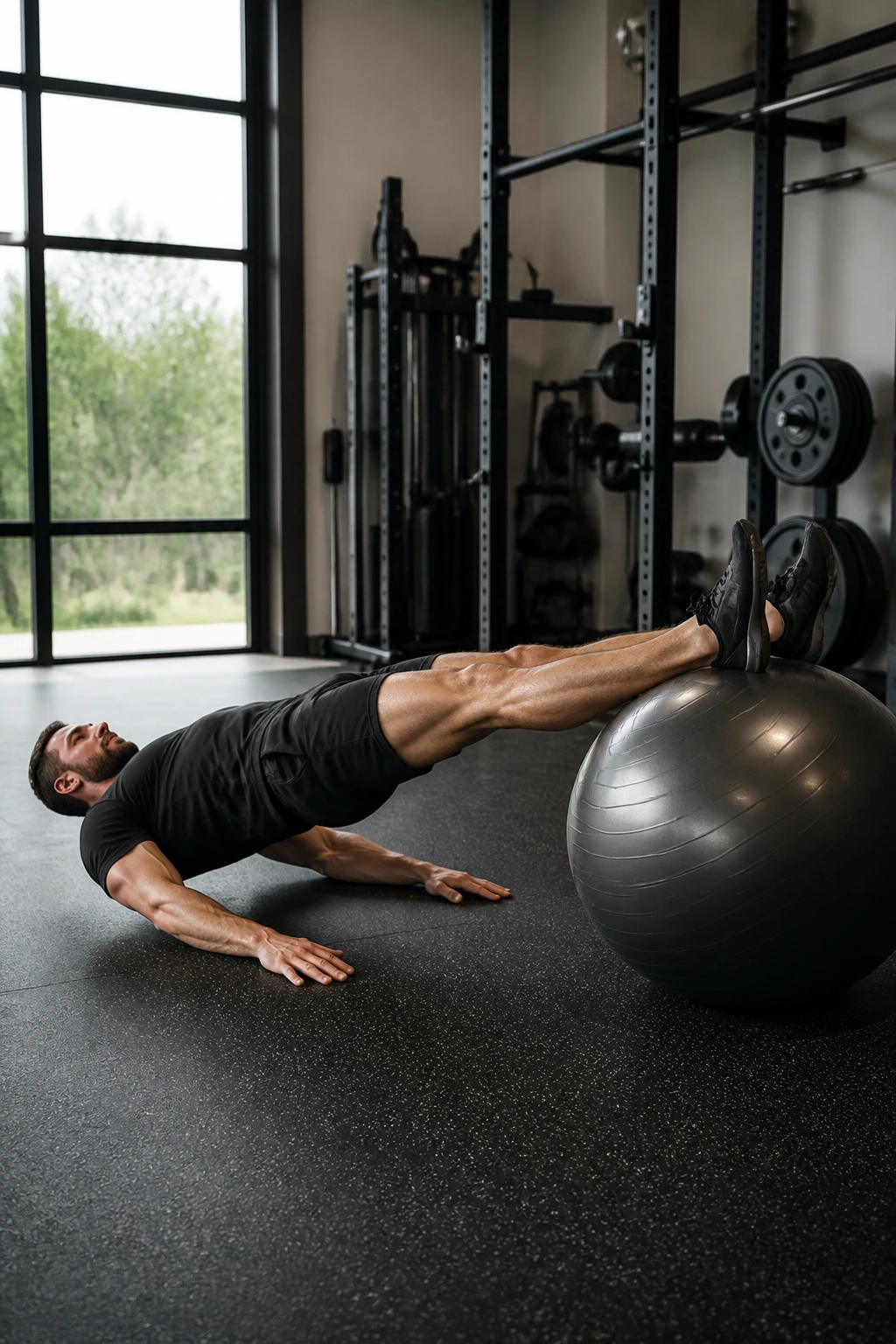 Portrait of a person in a bridge with feet on a Swiss ball performing a Swiss Ball Walkout