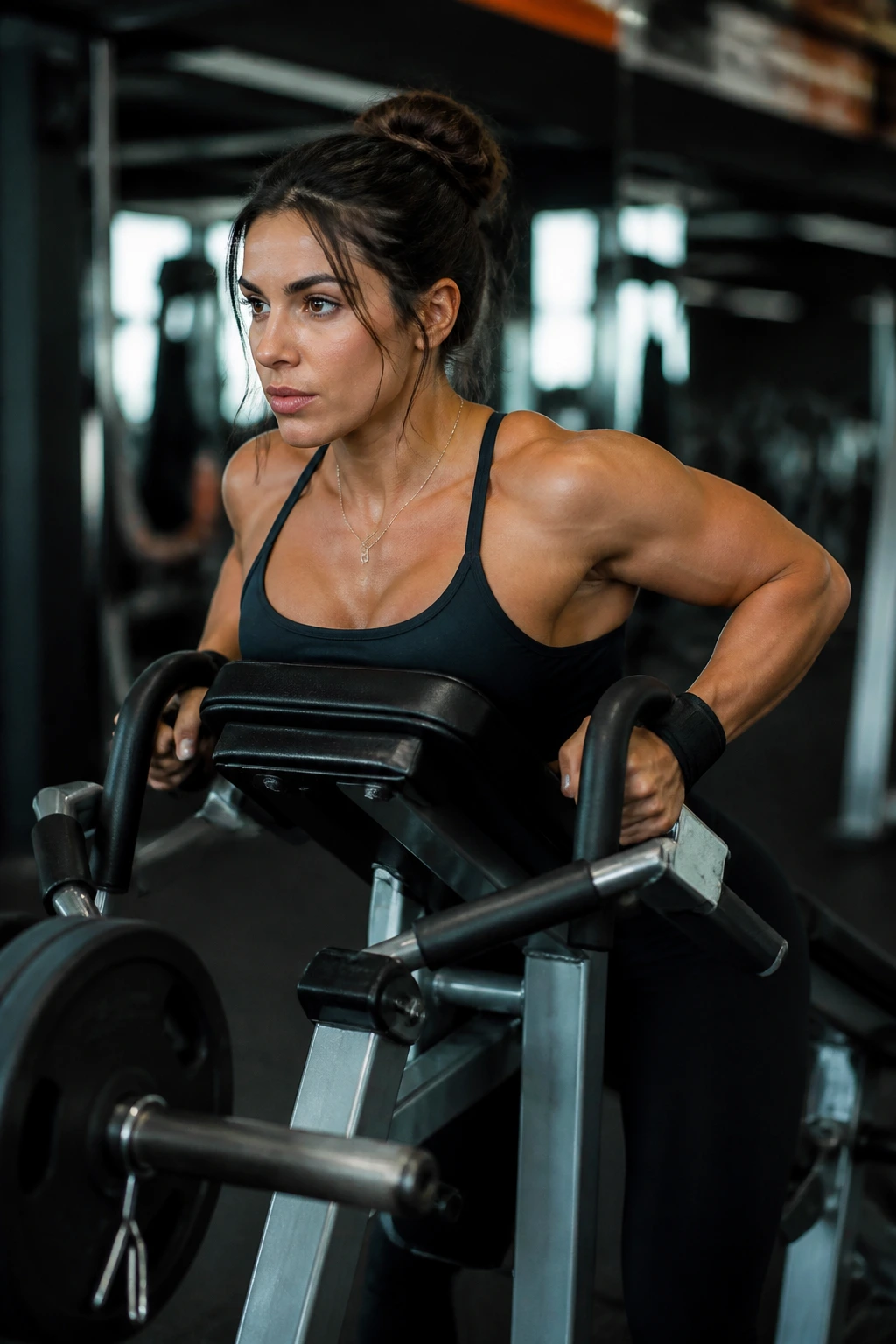 Real woman performing a T-bar row on a gym machine
