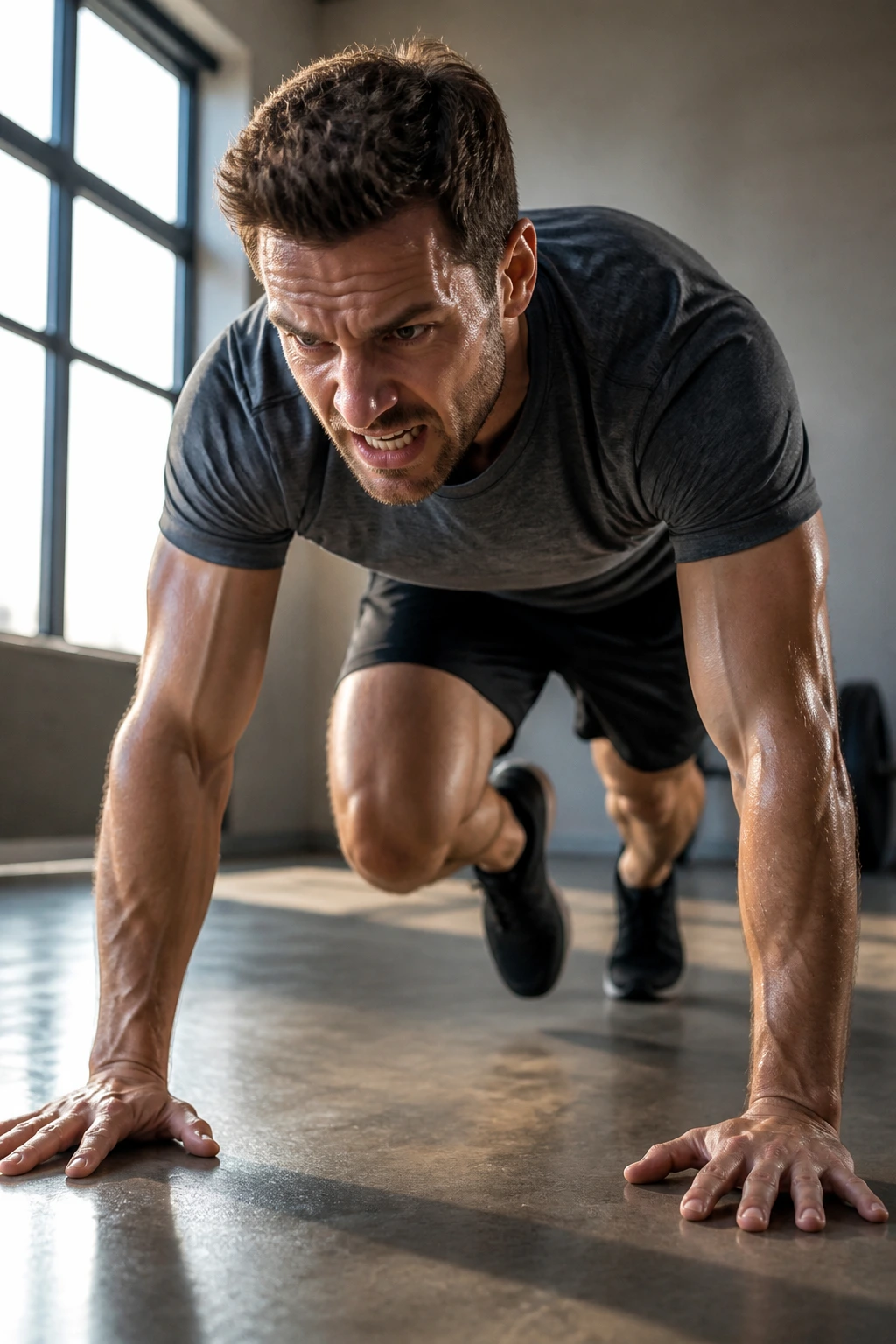 Person mid-burpee during Tabata bodyweight blast in a home gym.