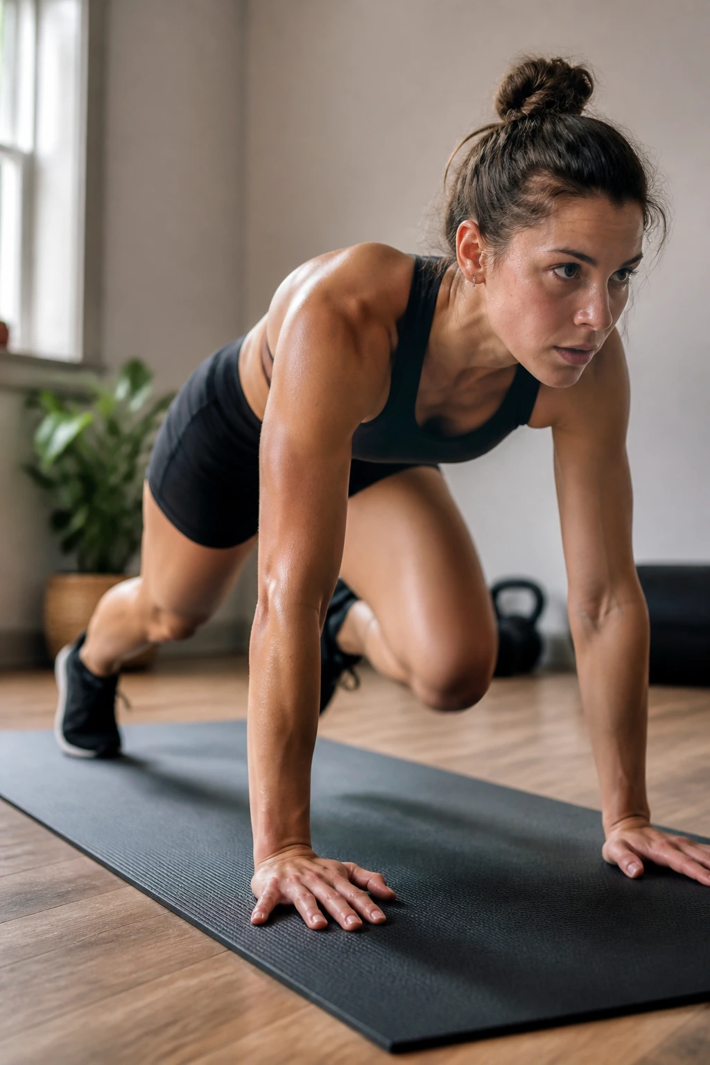 Close-up action shot of a person performing mountain climbers in a home gym for Tabata bodyweight circuit