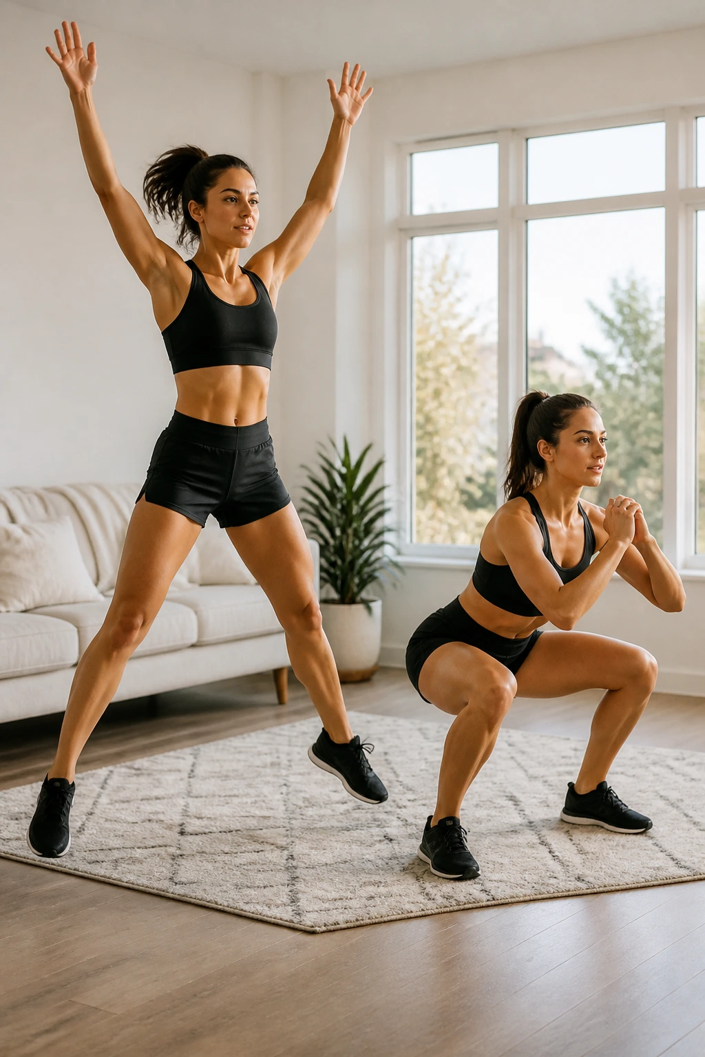 Full-body shot of a person performing squat jacks and air squats in a home workout space