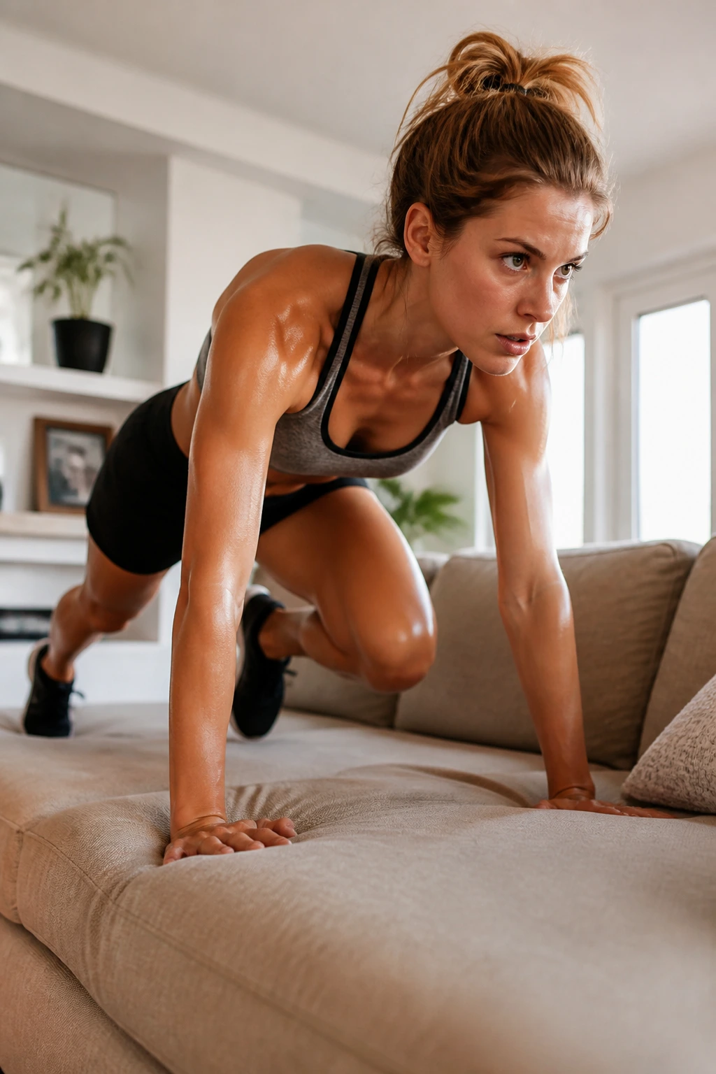 Mid-shot of a real woman performing mountain climbers on a couch in a bright living room