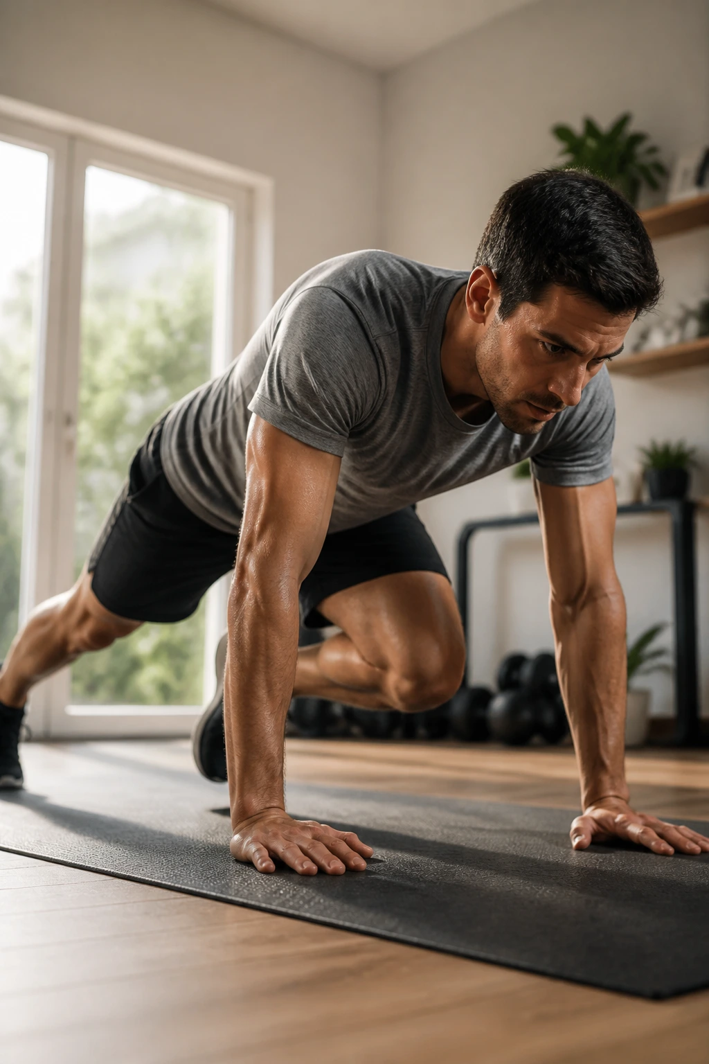 Person performing mountain climbers in a bright home gym