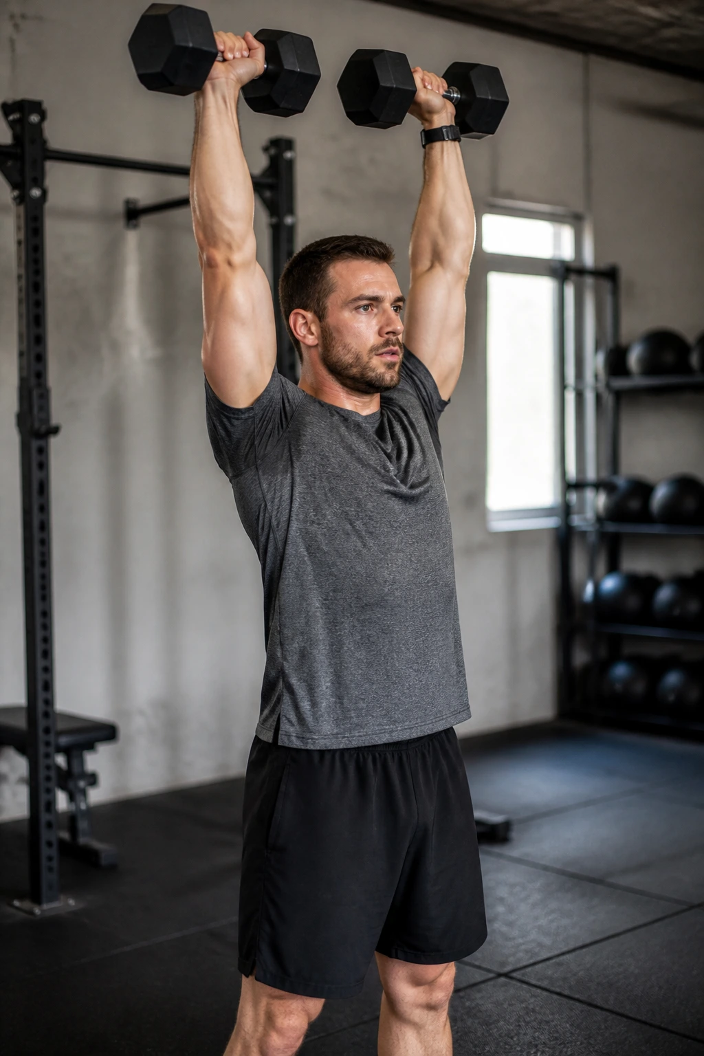 Medium-close shot of a person performing a dumbbell thruster as part of a Tabata finisher.