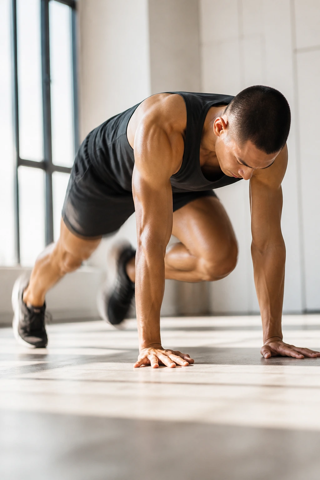 Medium close-up of an athlete performing mountain climbers in a bright gym