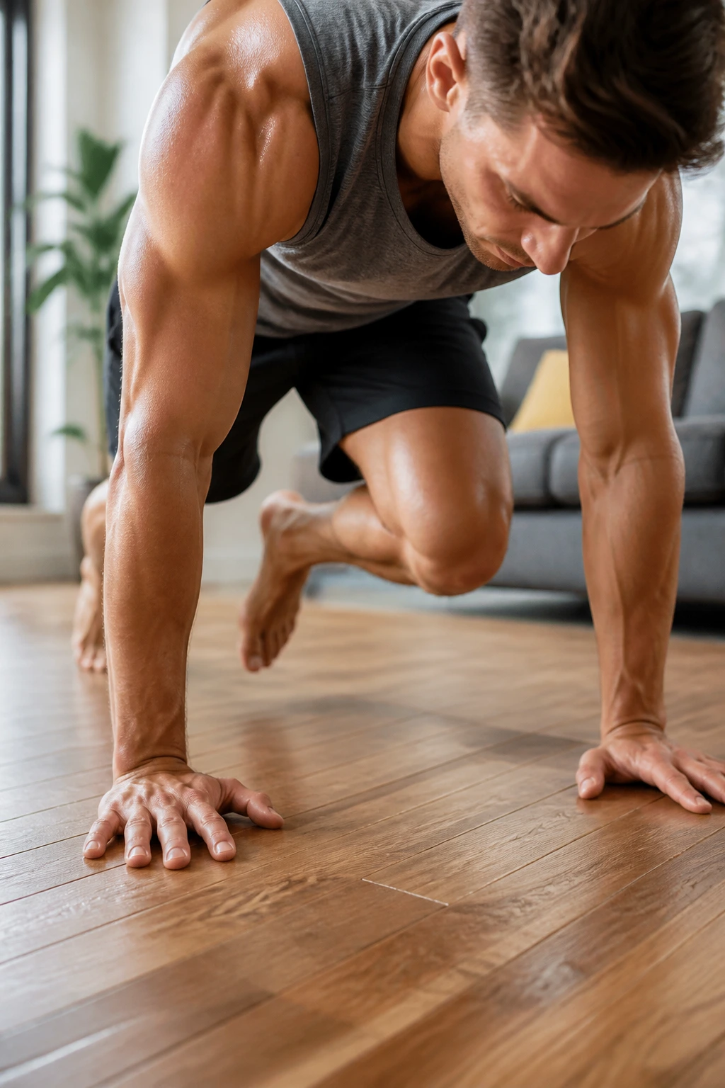 Close-up of a fit person performing mountain climbers during a Tabata-style circuit in a sunlit living room