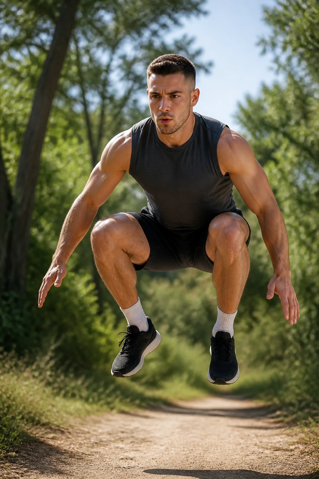 Person performing squat jumps outdoors during a Tabata finisher