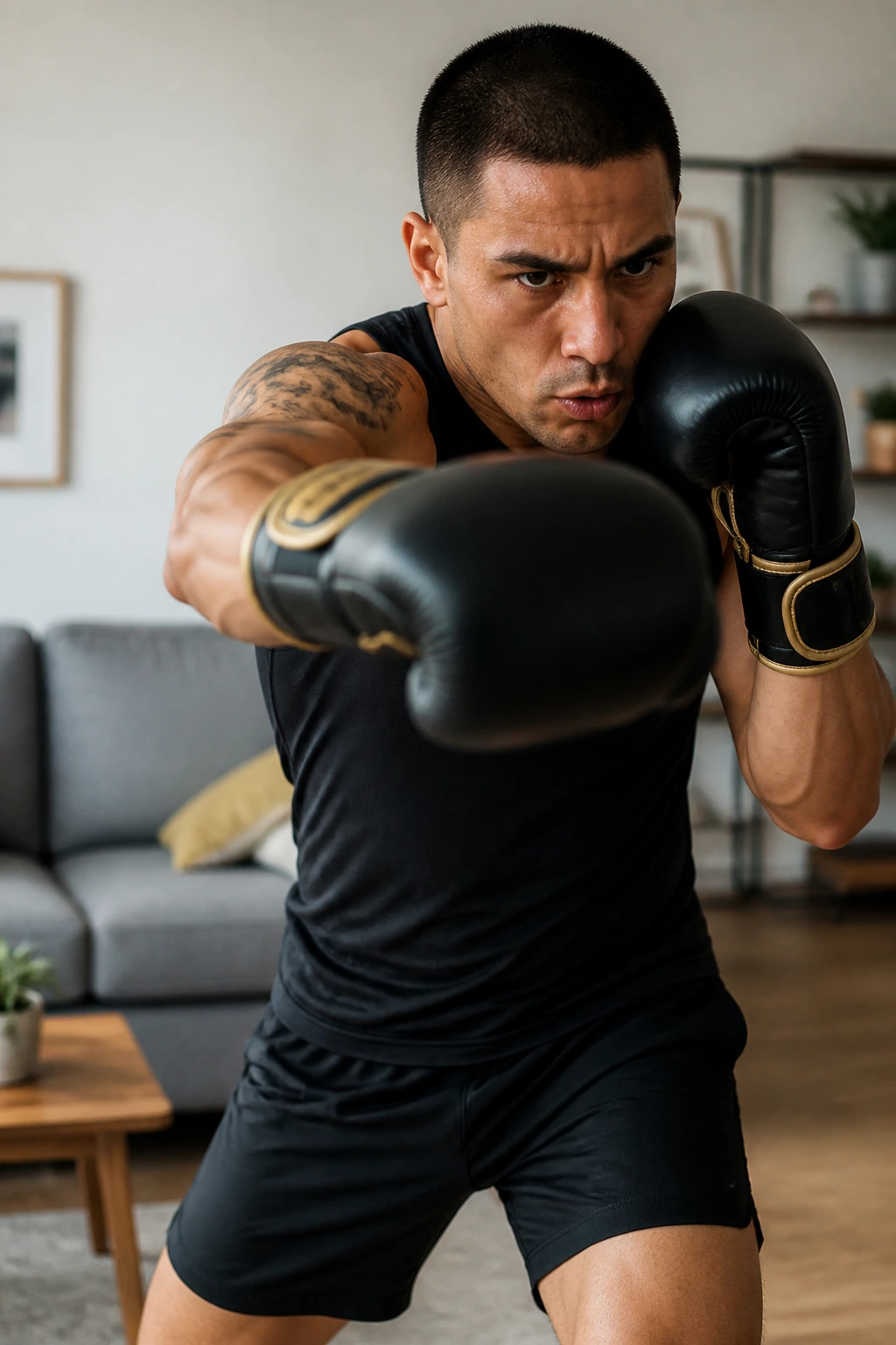Boxer delivering fast punches during a Tabata interval at home