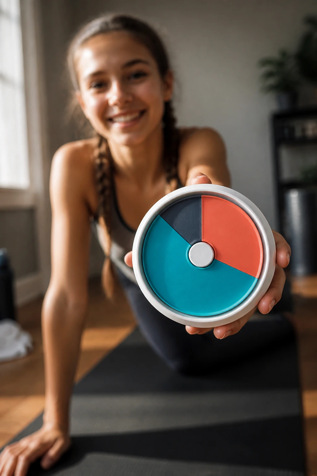 Close-up of a timer device with a color face held by a teen girl in a home workout room.