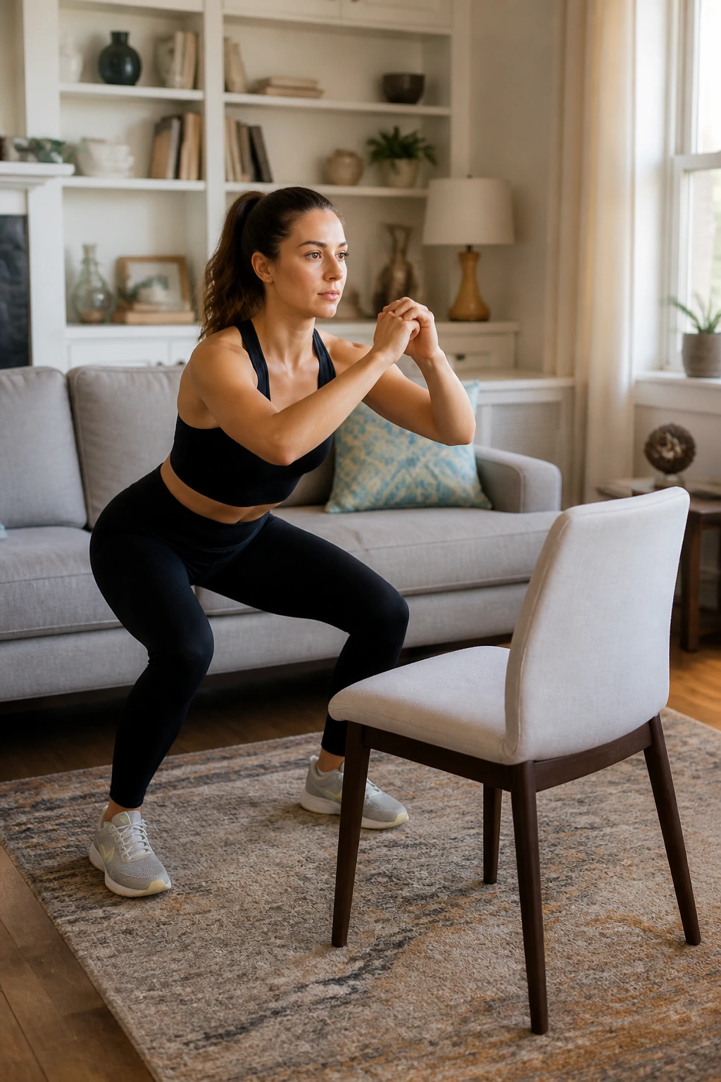 Person performing non-jumping tabata squats near a chair in living room