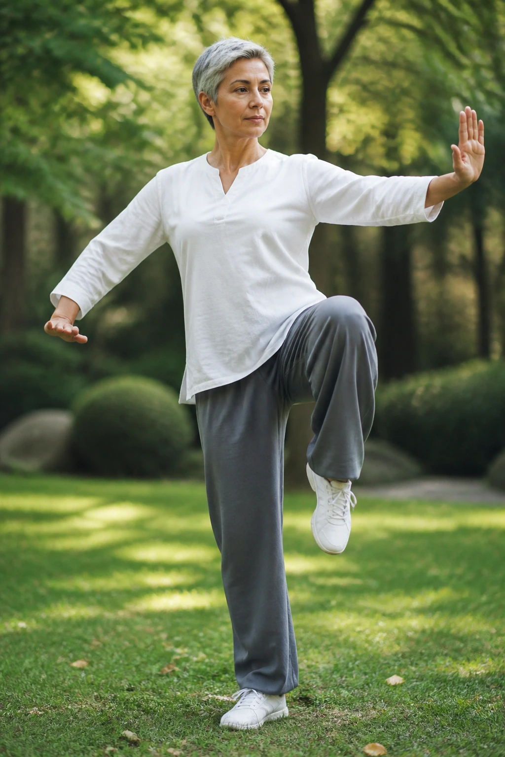 Person performing Tai Chi balance pose in a park