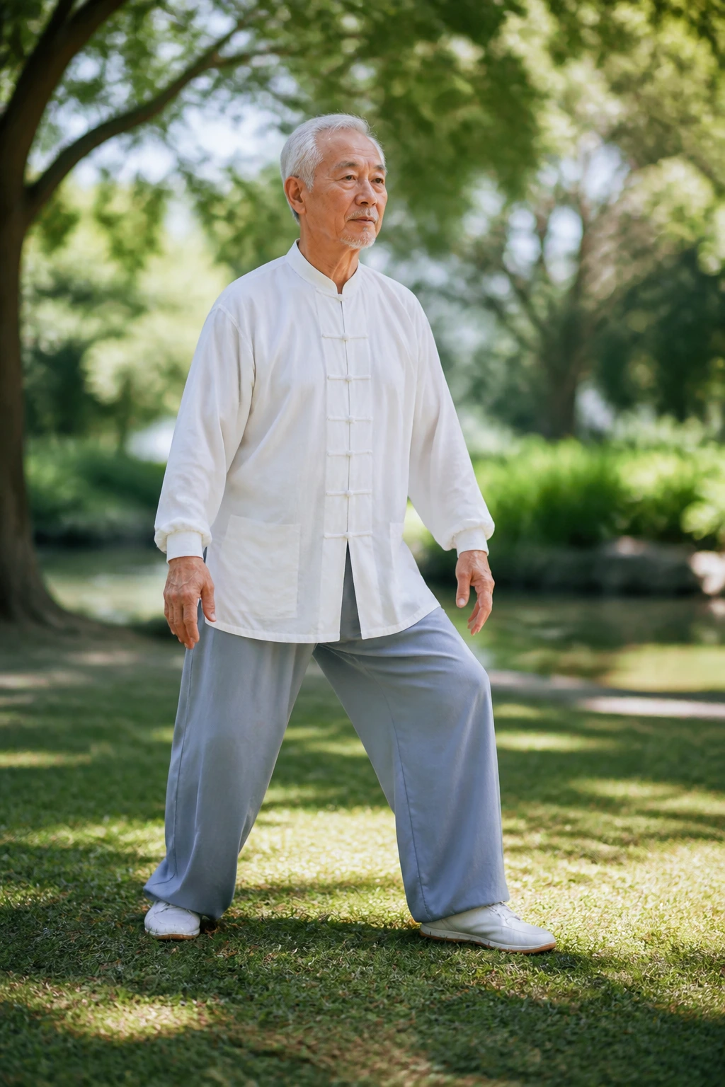 Senior performing tai chi weight shifts in park