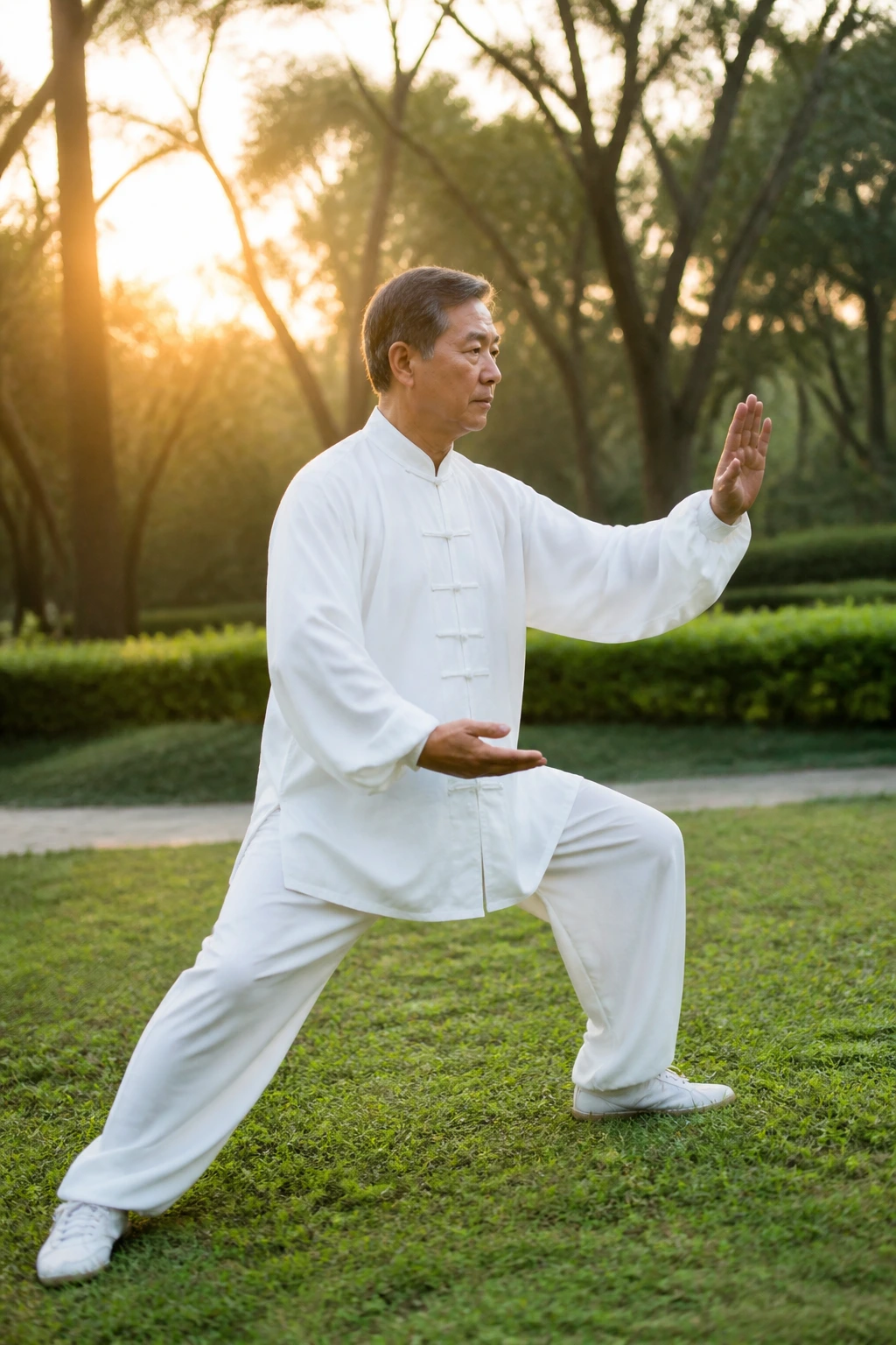 Person performing Tai Chi in a park at dawn