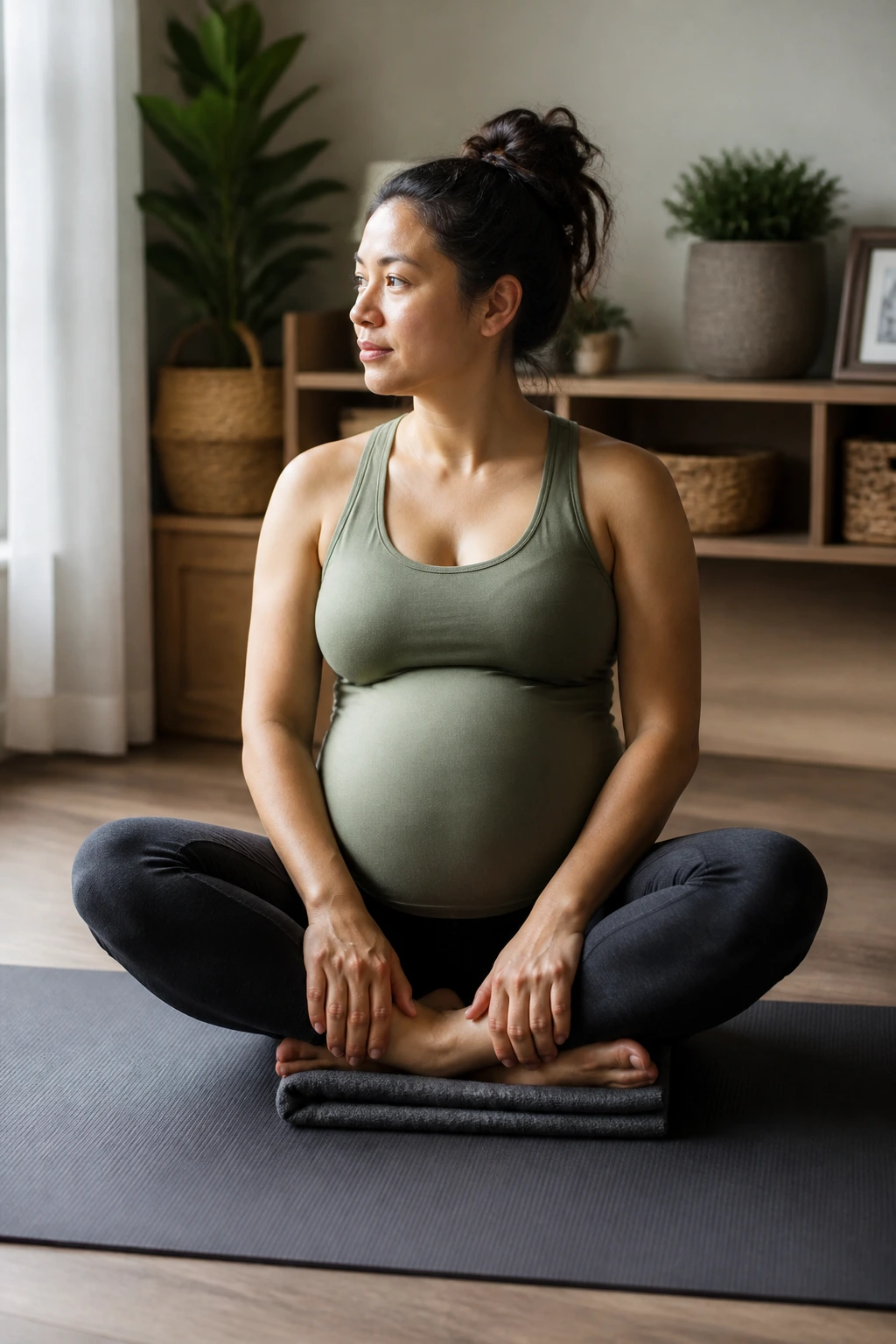 Pregnant woman in Tailor Pose cross-legged with blanket under hips