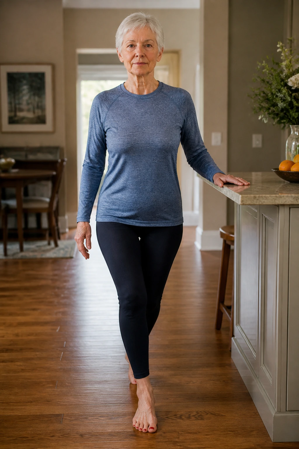 Older adult performing tandem stance near a counter for balance