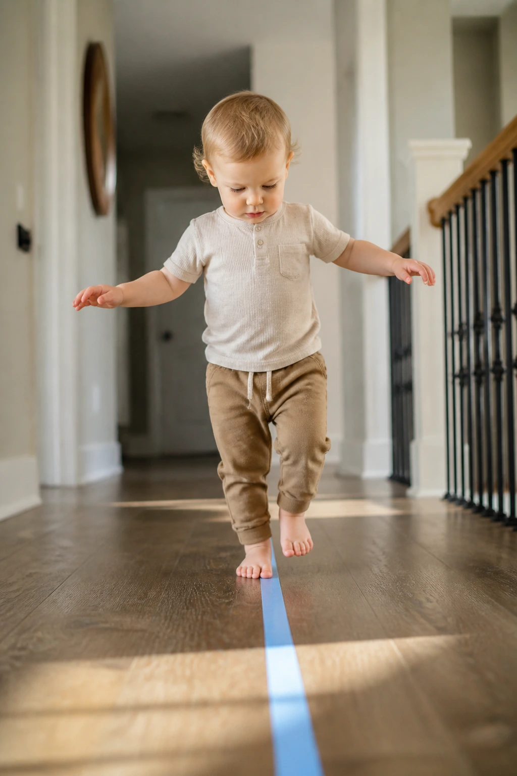 Toddler balancing on painter's tape line in hallway.
