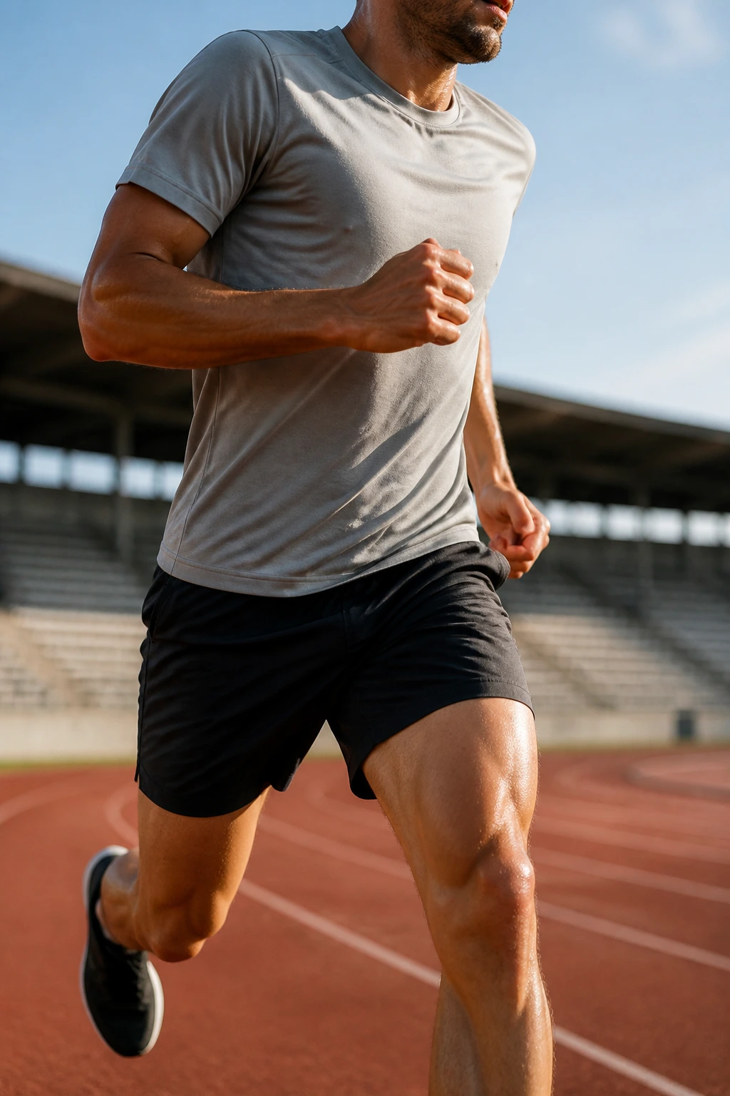 Close-up of a lean runner mid-stride on an outdoor track during taper week