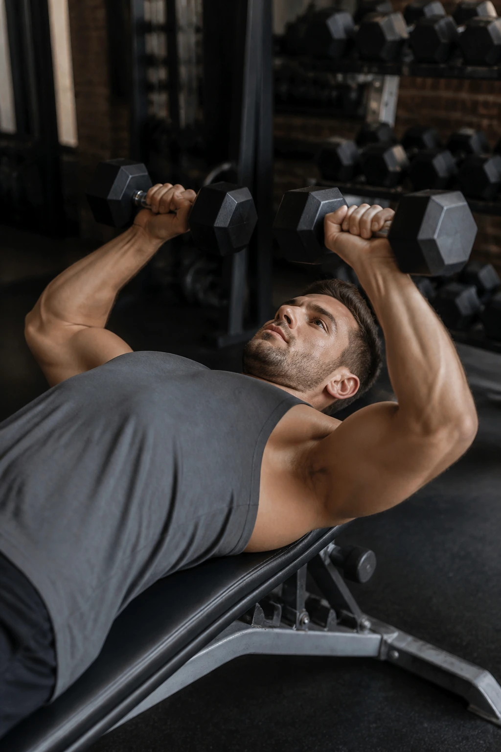 Person performing Tate press on a bench with dumbbells