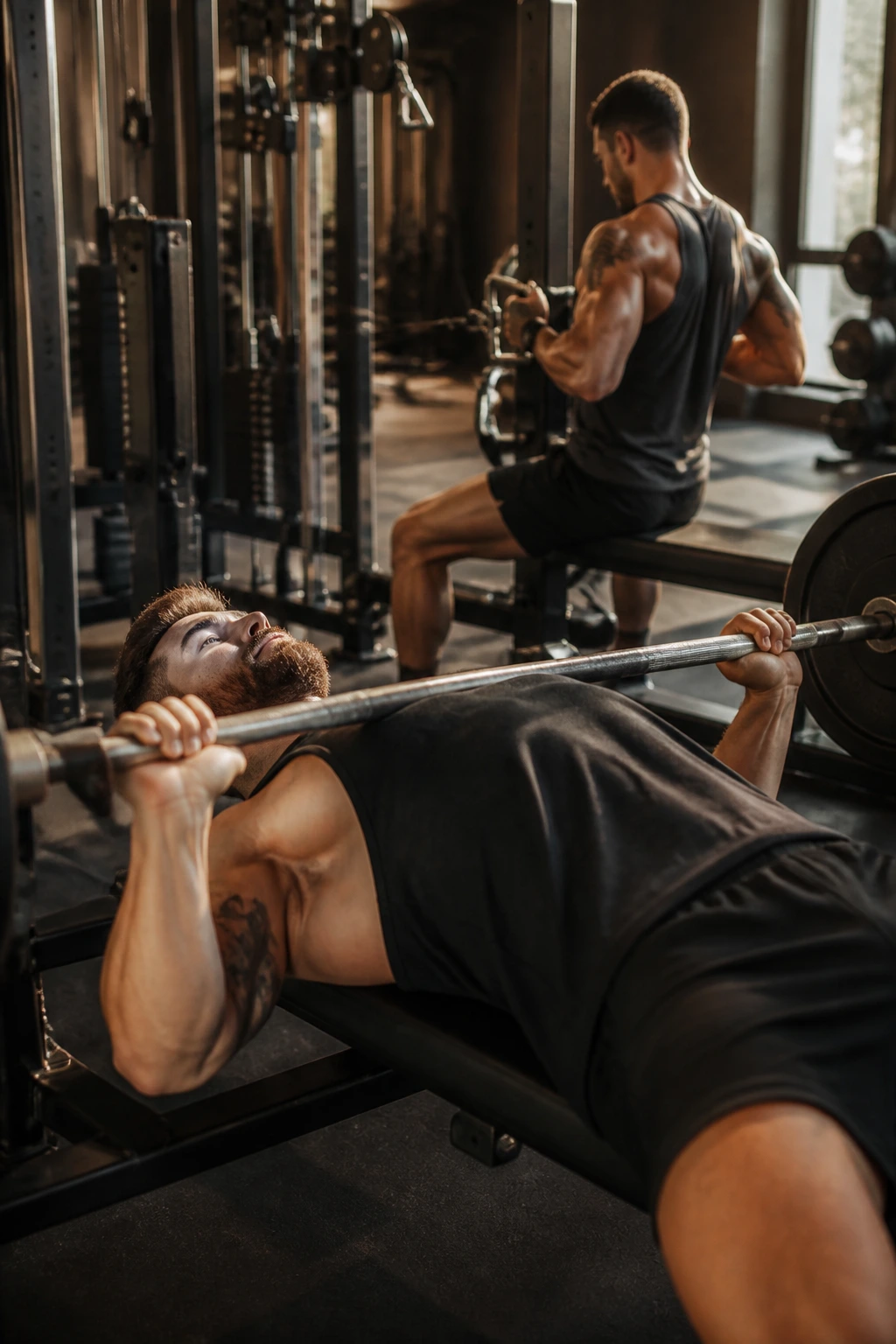 Lifter performing tempo bench press with slow descent and paused row in gym