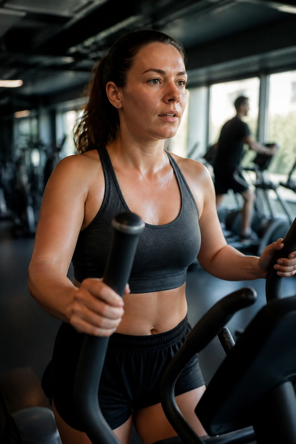 Person on cross trainer maintaining a talk-test tempo pace in gym