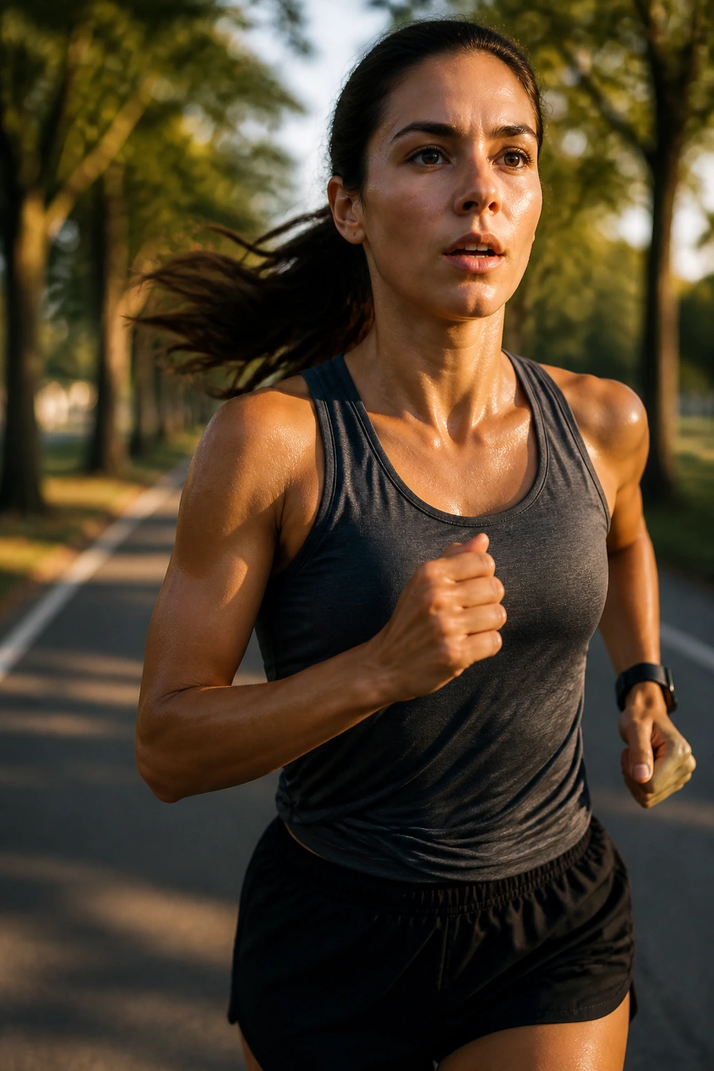 Runner performing tempo blocks, holding a strong but controlled pace.