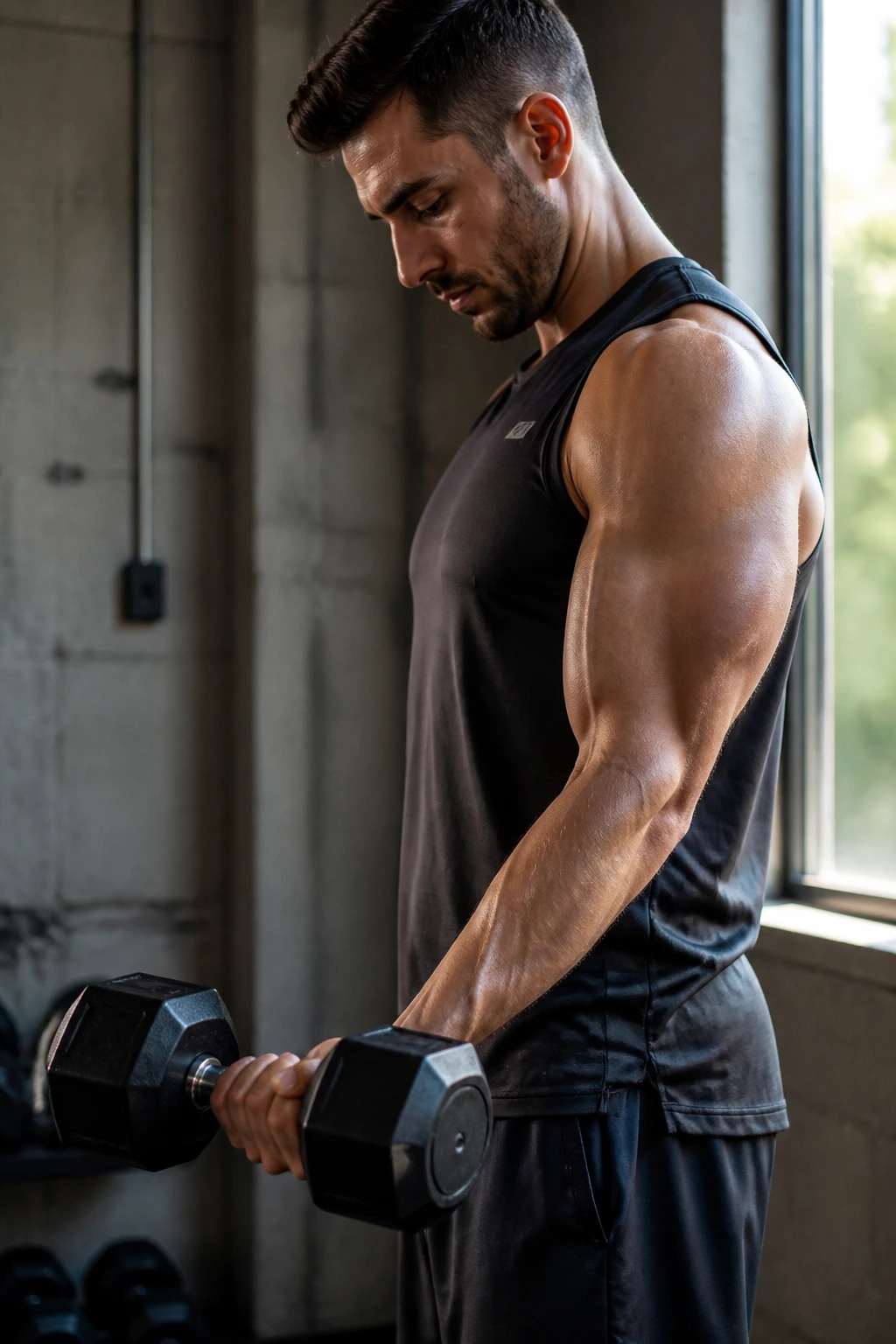 Lifter performing tempo curl with slow eccentric descent in a gym setting.