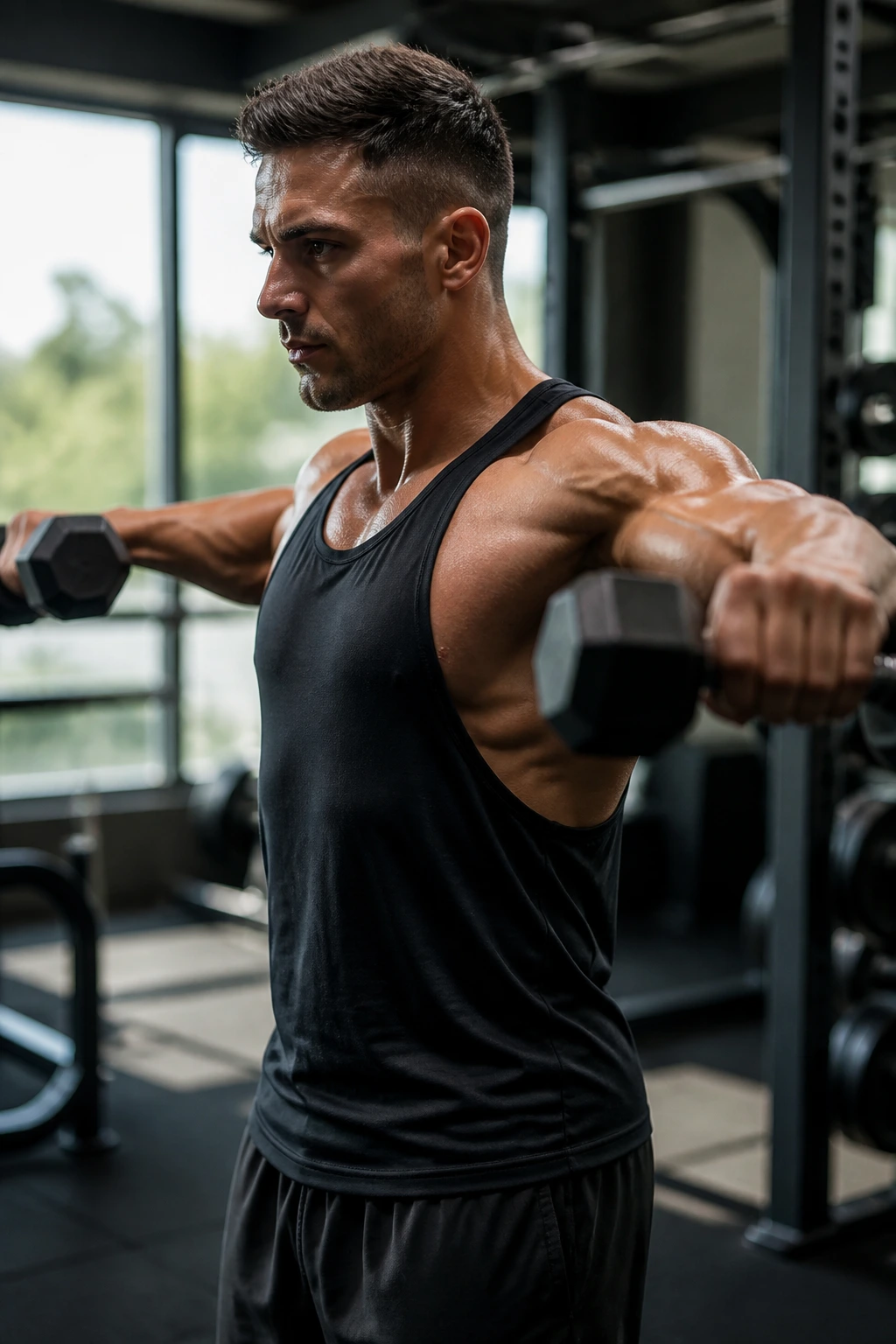 Close-up of a fit person performing a tempo dumbbell lateral raise in a gym
