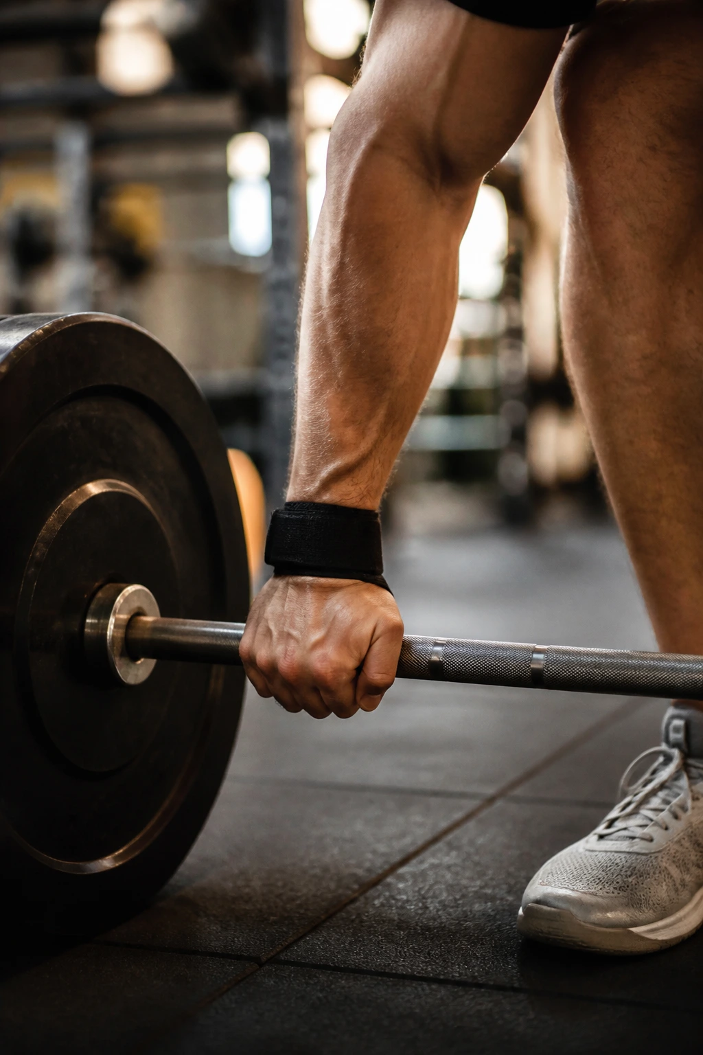 Close-up of barbell being lowered slowly with controlled tempo