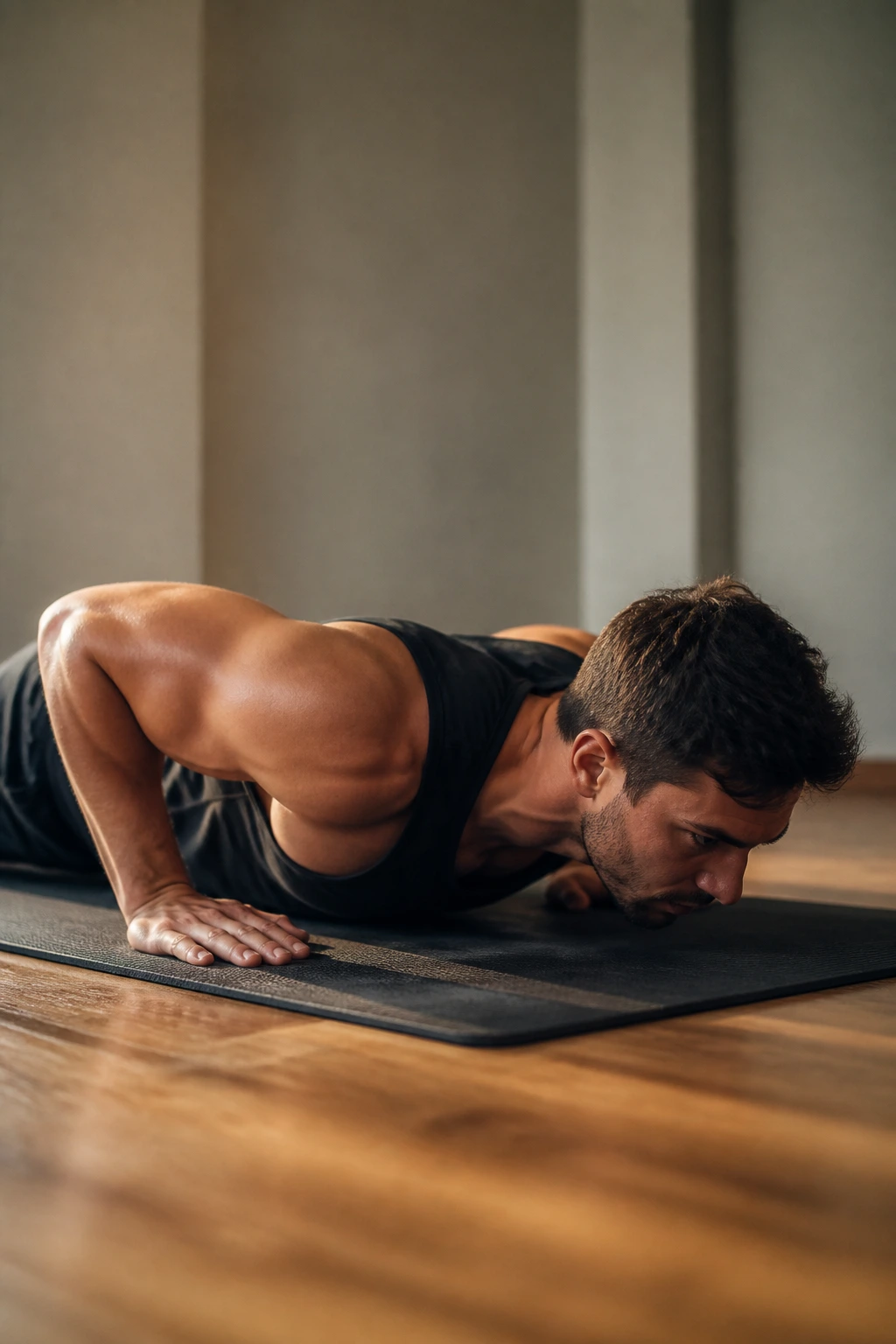 Person performing tempo push-up with slow eccentric phase at home gym