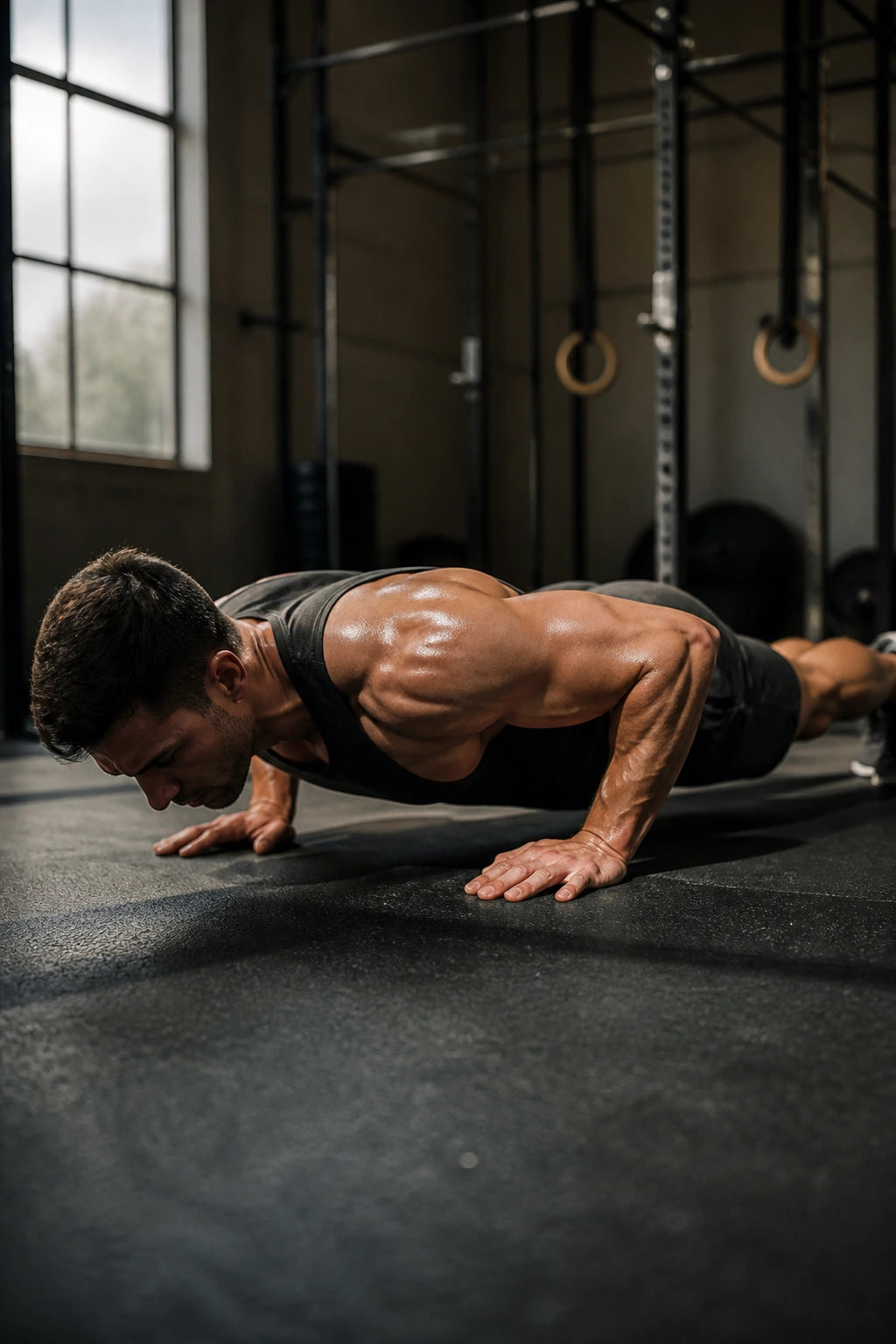 Person performing tempo push-ups in gym with controlled tempo.