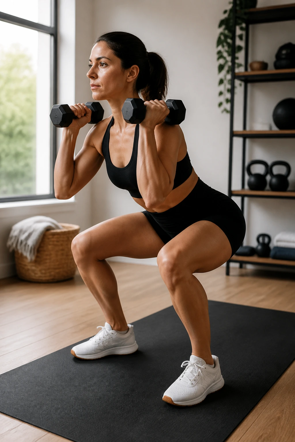 Person performing tempo squats with slow lowering in a home gym.