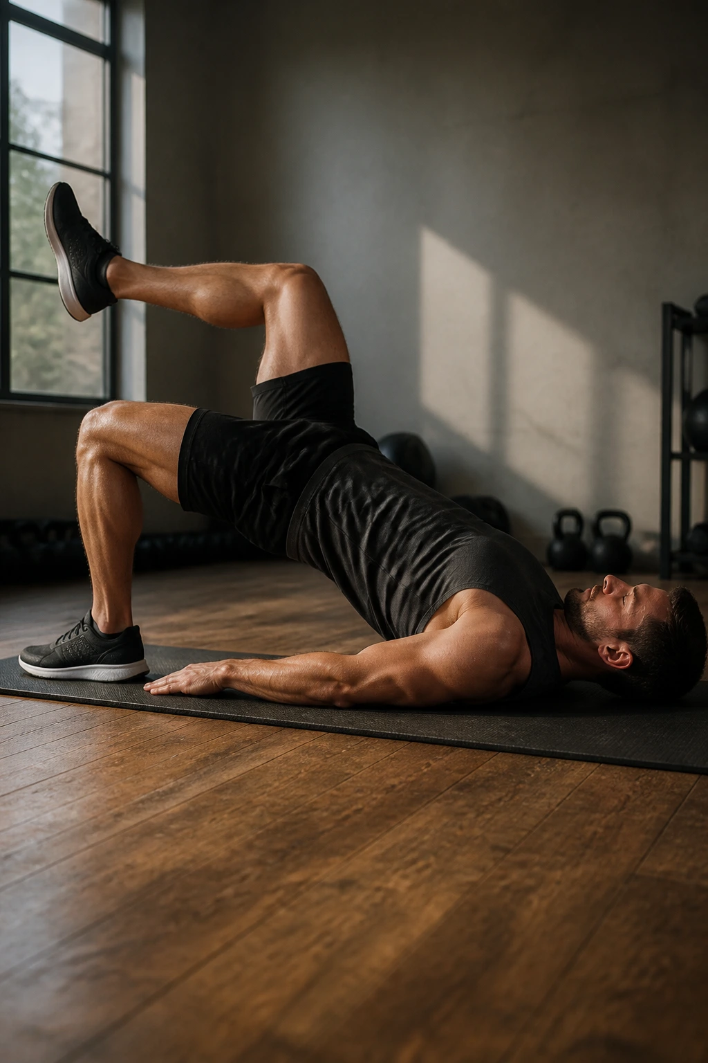 Side view of a fit person performing a controlled single-leg bridge with slow tempo on a mat in a gym